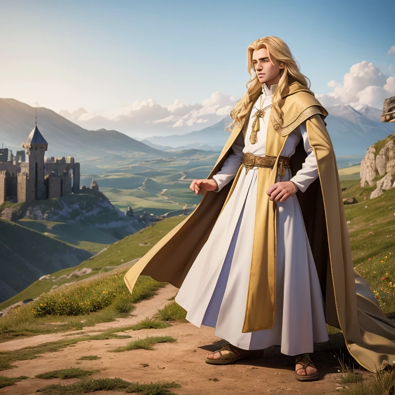 Medieval prince, long blonde hair, light eyes, dressed in medieval clothes with an open cloak enjoying the landscape of the kingdom Full body