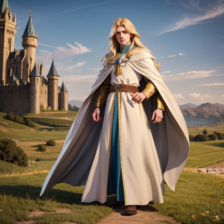 Medieval prince, long blonde hair, light eyes, dressed in medieval clothes with an open cloak enjoying the landscape of the kingdom Full body