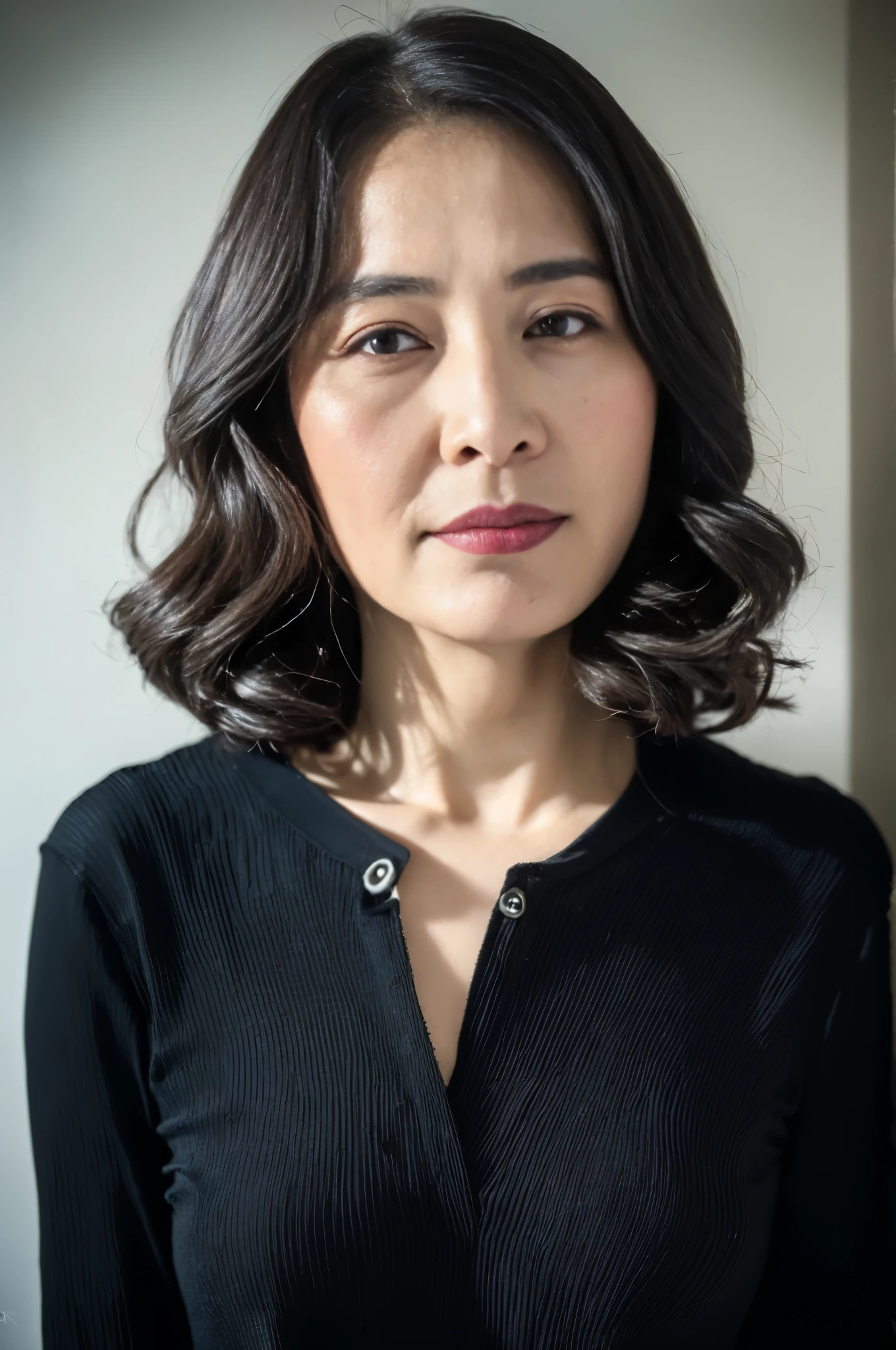 ((Best Quality, 8k, Masterpiece, Portrait:1.5)), (looking at viewer), Photorealistic, Sharp Focus, Solo, Japan Milf, Beauty, Clothes with Cleavage View, 30 Years Old, Wavy Hair, Wrinkles at the Corners of the Eyes, ((elegant raced black shirt)), darkness nobody room,