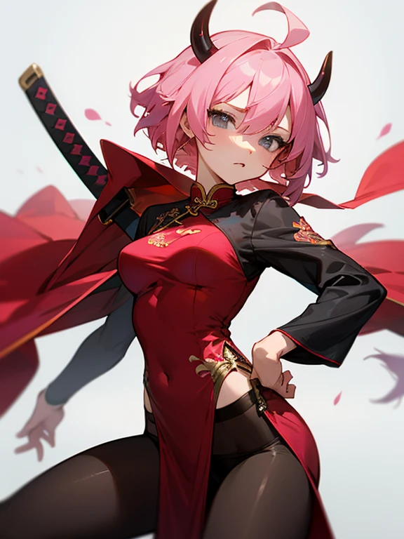 Masterpiece, best quality, expressive eyes, perfect face, 1girl, pink hair, ahoge, heretochromia, grey eyes, oni horns, full bust, cheongsam, pelvic_curtain, medium breasts, pantyhose, holding_weapon, katana