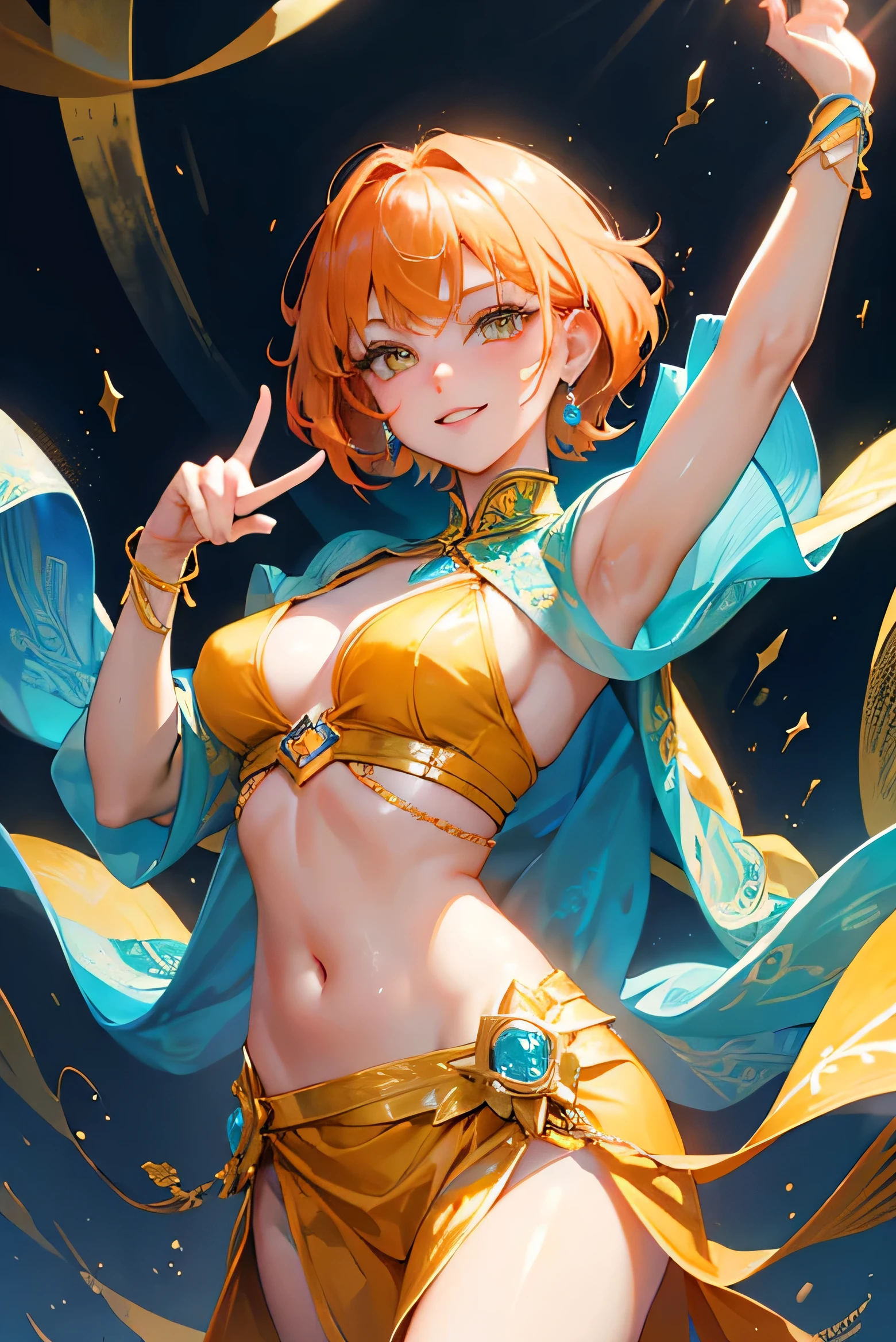 masterpiece, highest quality, so beautiful、Latest、girl, Orange Hair, short hair, Gold Eyes, A defiant smile、Asian fantasy costume、Bollywood、Bold Pose、Open your hands、dance、Decoration、Blue clothes、Gorgeous and luxurious、intense dance、turquoise blue、Put your finger on the body、Yellow eyes