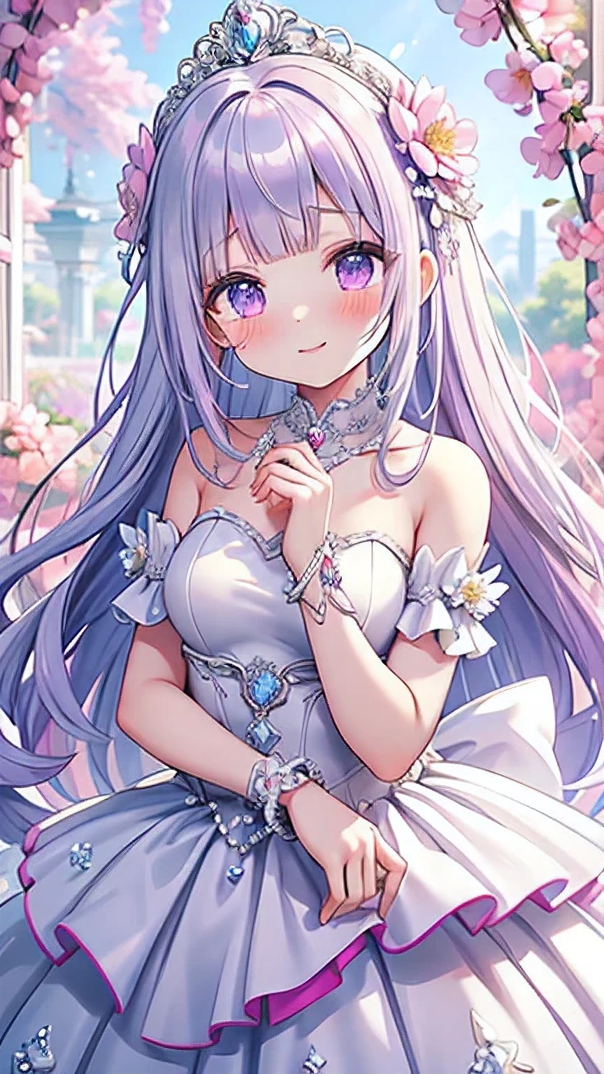 Super High Resolution Super Quality、anime、Zoom in Enlarge Colorful flowers、tears 、Smile、Fantasy、High quality texture of the clothes, princess dress, luxurious pure white wedding dress, dress with sparkling jewels, silver decoration, platinum, joy, beautiful girl has a nice body, spring, lilac hair, purple eyes, upper body, snap 