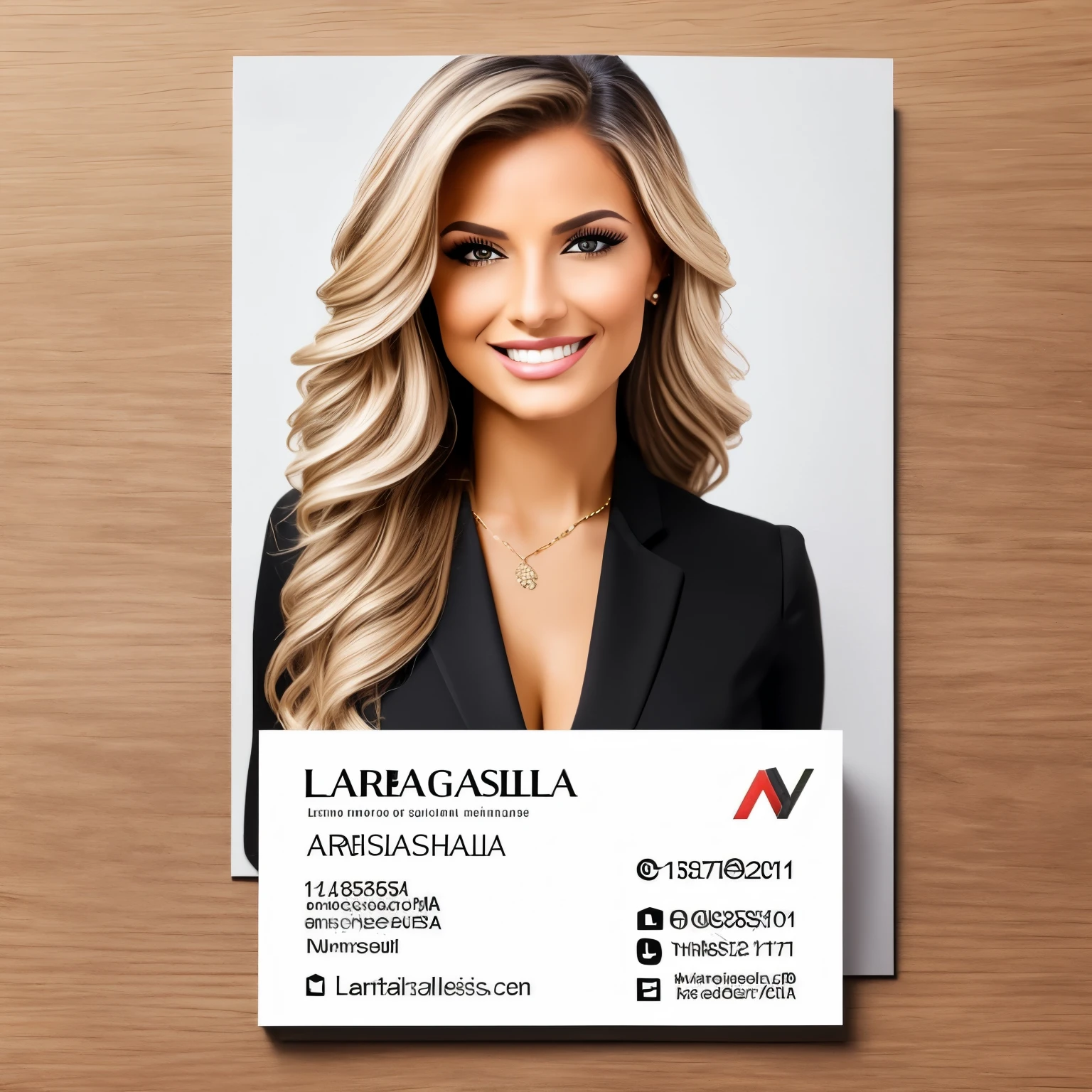 Design a captivating business card for professional makeup artist, Larissa Gabriele.

Featuring a stunning, high-resolution headshot, this masterpiece showcases Larissa's warm, inviting smile. The image is crisp and detailed, with a natural skin texture that truly highlights her expertise.

Intricate typography frames the essential information:

Name: Larissa Gabriele
Email: larissagparreira97@gmail.com
Phone: 11 91015-55

This elegant design is a testament to Larissa's professionalism and commitment to her craft. Each detail – from the vibrant colors