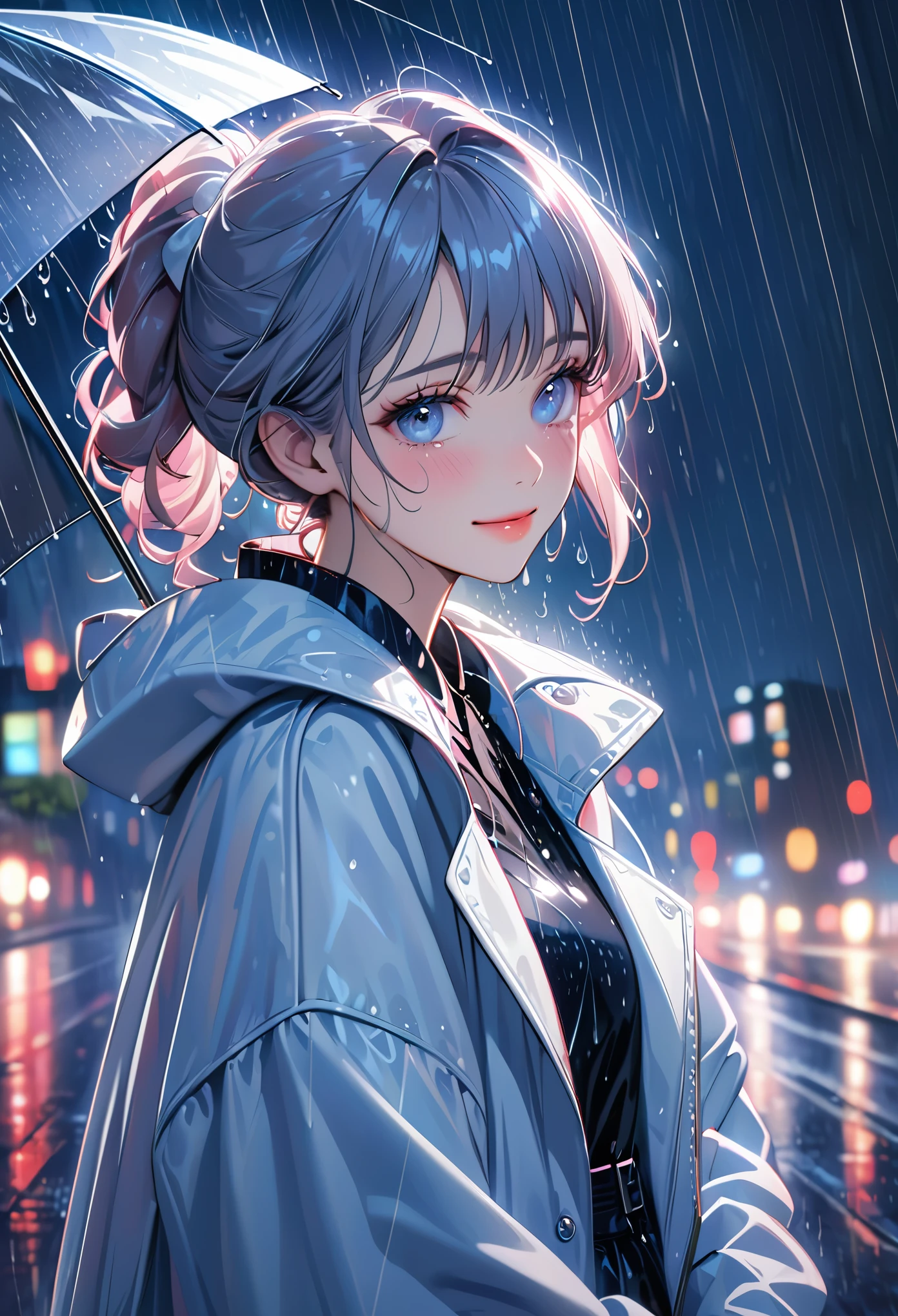 One girl,City of night,rain,coat,Put your hands in your pockets,best quality, highres, ultra-detailed, realistic:1.37, Close to cold colors,reduce saturation, portrait, soft lighting, long eyelashes, sparkling eyes, glossy lips, detailed skin, retro pattern, pastel colors, ((smile while crying1.2)), ((shedding tears:2.0),, ((sad look:1.8)),, dreamy atmosphere, elegant pose, nostalgic vibes, glittering highlights, flawless complexion, 80s style fashion, retro hairdo, pink blush, delicate features, diamond-like eyes,((rain squall:2.8)),((intersection))((high rise residential building Dark city silhouette background:2.0))