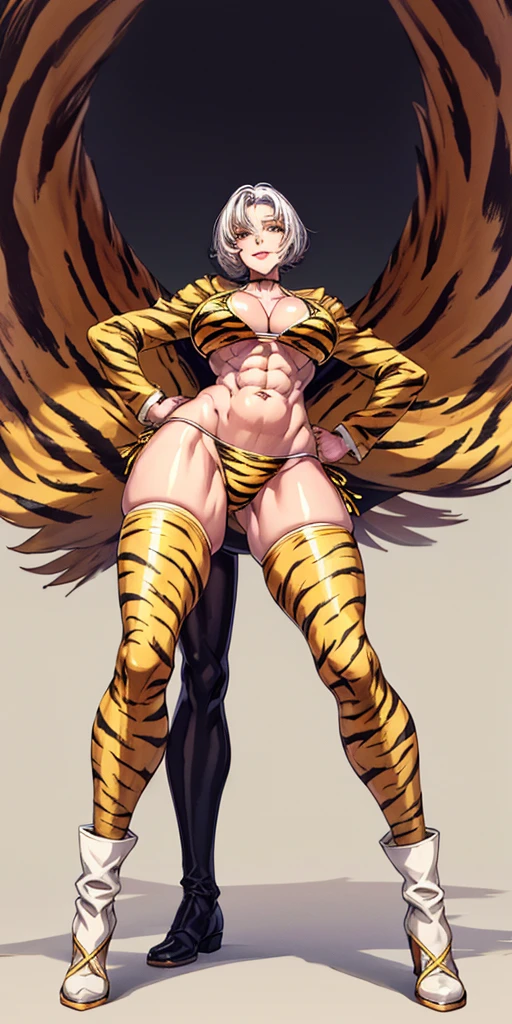 (((Plain background:1.2))) (masterpiece, high quality:1.1) 1girl solo full body height standing straight symmetrical looking to the viewer, view from below, hairstyle short bob hair cut with a braid, extra long hair, white silver hair, yellow eyes, muscular, thighs, mature woman, mummy, bellybutton, abs, smile RED CHEEKS, extremely huge breasts, maternal, porcelain skin, good face, HANDS ON HIPS (yellow tiger bikini print long sleeves and long stockings)