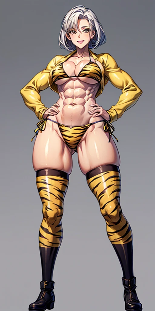 (((Plain background:1.2))) (masterpiece, high quality:1.1) 1girl solo full body height standing straight symmetrical looking to the viewer, view from below, hairstyle short bob hair cut with a braid, extra long hair, white silver hair, yellow eyes, muscular, thighs, mature woman, mummy, bellybutton, abs, smile RED CHEEKS, extremely huge breasts, maternal, porcelain skin, good face, HANDS ON HIPS (yellow tiger bikini print long sleeves and long stockings)