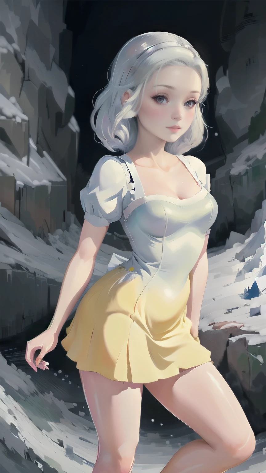 ((1 girl)), Masterpiece, (high quality, best render), (beautiful girl, snow white), (bomb, pin-up style), hot, floss, perfect body, araffed snow white in a yellow dress with a red bow, sexy snow white, portrait of snow white, pale snow white skin, 4k hd. snow white hair, disney princess, beautiful female princess, anime princess, hd artwork, official art, disney cartoon, beautiful princess, forrest background, long thin legs, large breasts, sexy pose, vibrant colors