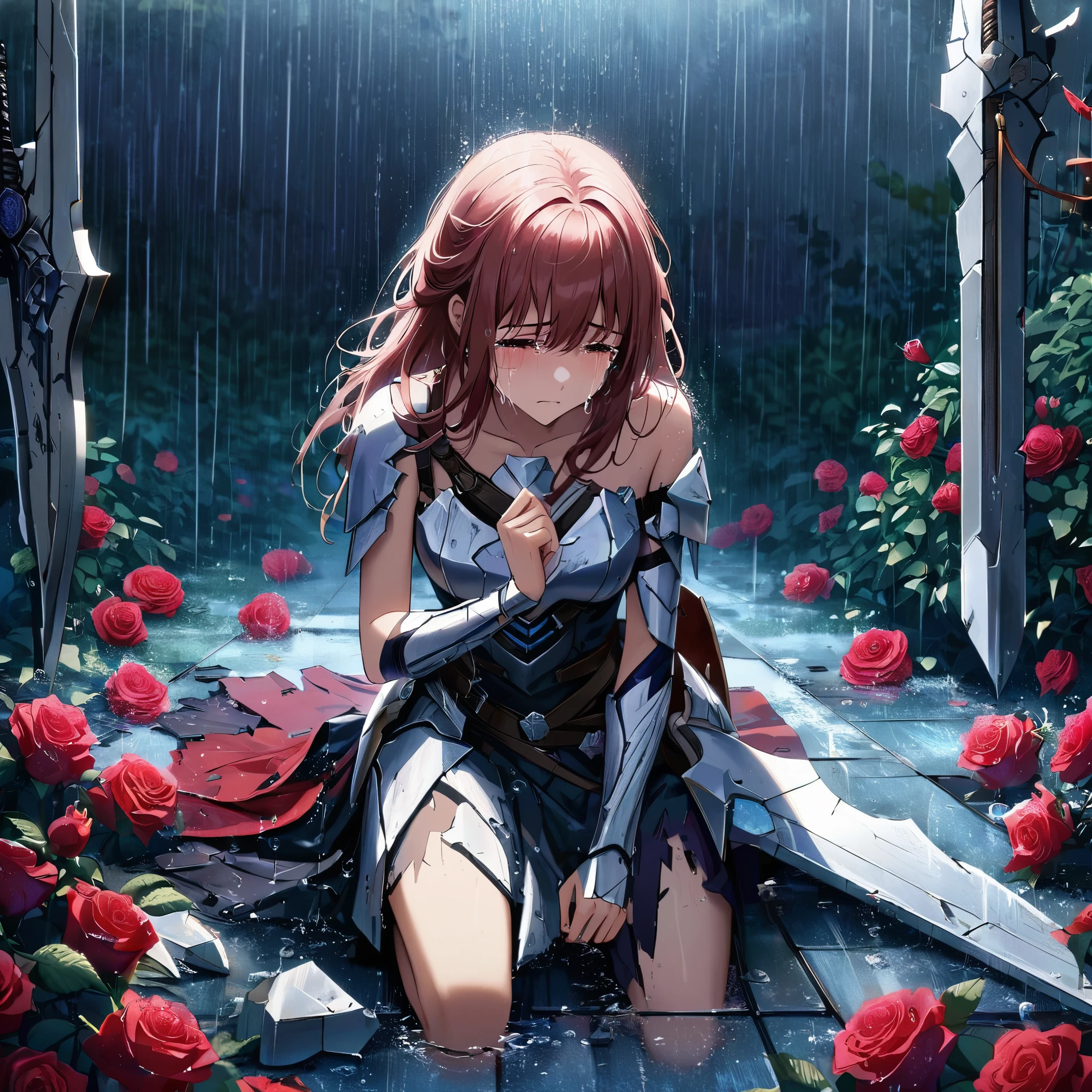 A girl, kneeling in the floor, wearing a shattered and broken armor, missing pieces , broken shield and broken sword, in tears, sad, dramatic scene, tears flowing in the face, garden, roses, rain, ultra detailed face