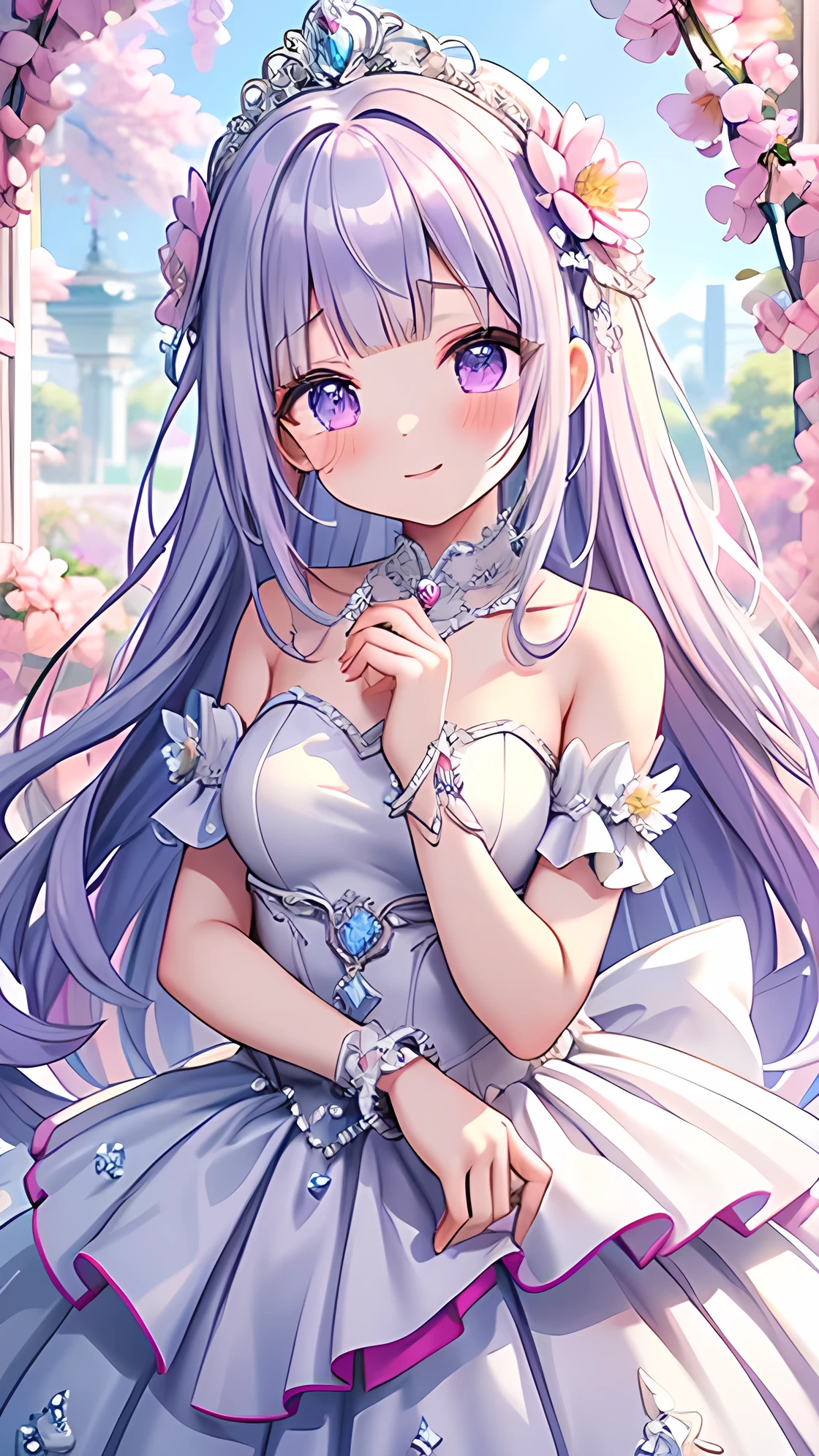 Super High Resolution Super Quality、anime、Zoom in Enlarge Colorful flowers、tears 、Smile、Fantasy、High quality texture of the clothes, princess dress, luxurious pure white wedding dress, dress with sparkling jewels, silver decoration, platinum, joy, beautiful girl has a nice body, spring, lilac hair, purple eyes, upper body, snap 