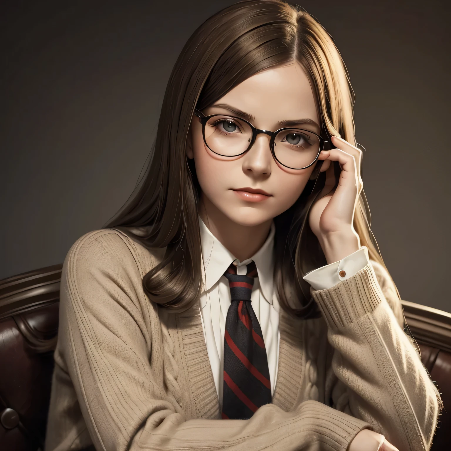 1930 British woman, 1930 portrait, woman with tie and Sweater, straight long hair style, light brown hair, woman with glasses, 1930 glasses, Expression would be and determined, arrogant expression clear skin, 1930 photo style, 1930 portrait style, 1930