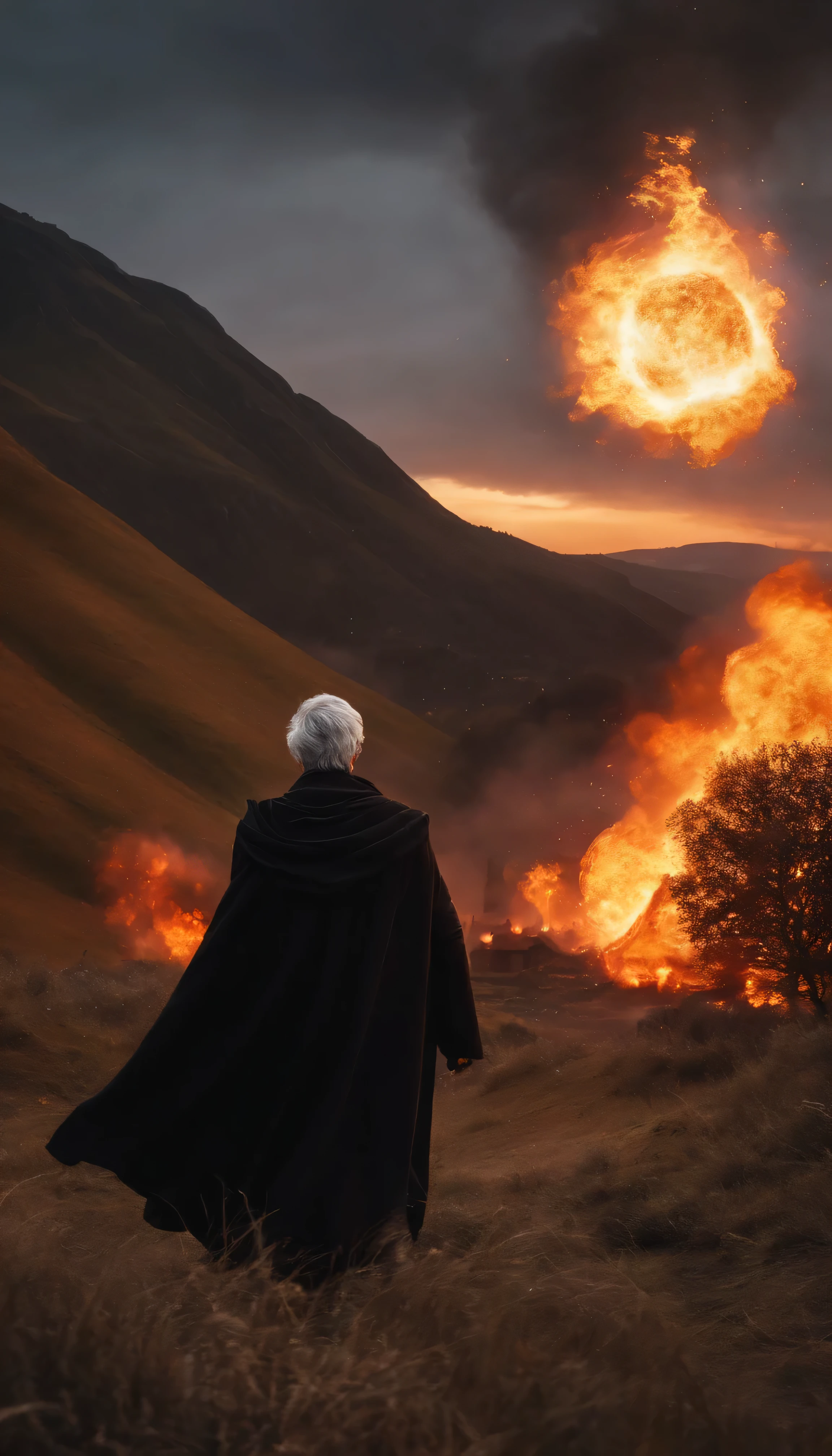 8k, close distance portrait, a male wizard with black clothes and grey short hair from behind, hand up to the sky, throwing a super massive huge fireball to destroying a village in the distance from hill, with a burning village background the distance, wind blow his cloak