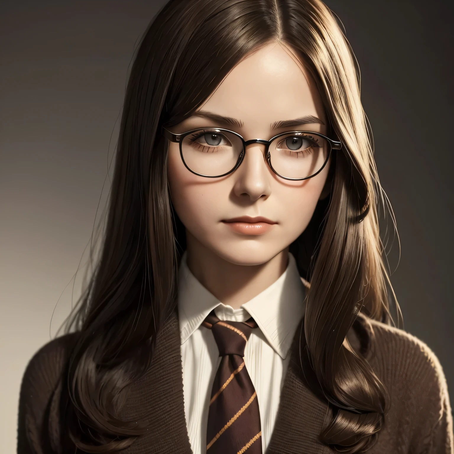 1930 British woman, 1930 portrait, woman with tie and Sweater, straight long hair style, light brown hair, woman with glasses, 1930 glasses, Expression would be and determined, arrogant expression clear skin, 1930 photo style, 1930 portrait style, 1930