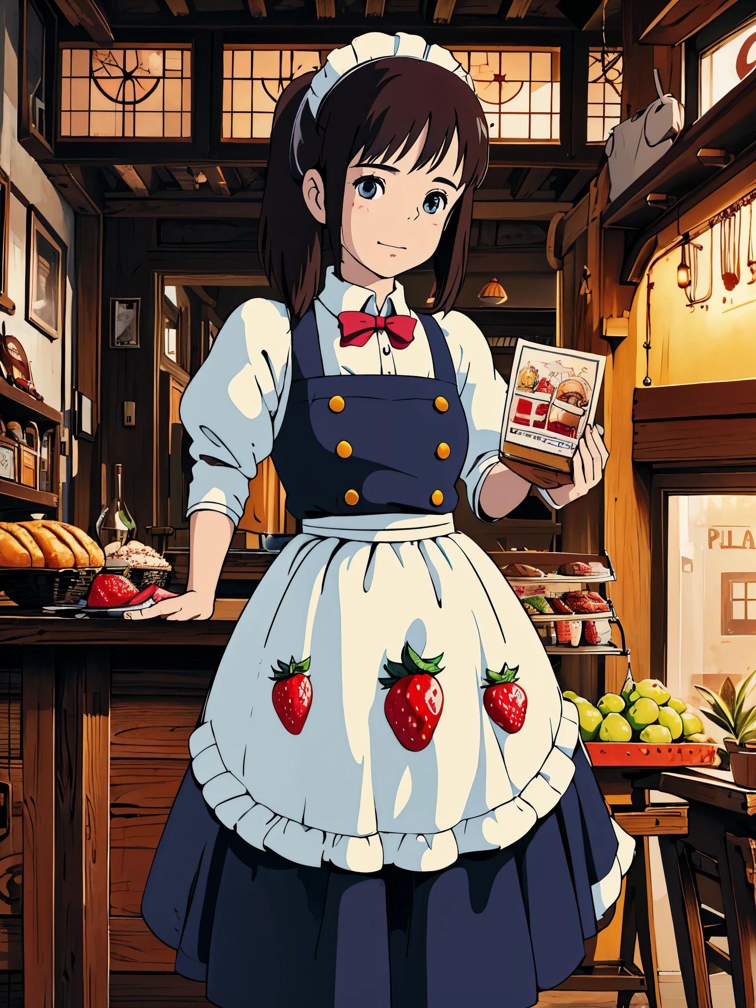 Foto promocional, the place is a coffee shop, 1 garota, Cara de 16 anos, waitress carrying cake to the table, red twin tails, Rosto gentil, gothic lolita half costume and maid costume with image of strawberries, roupas baseadas em branco,