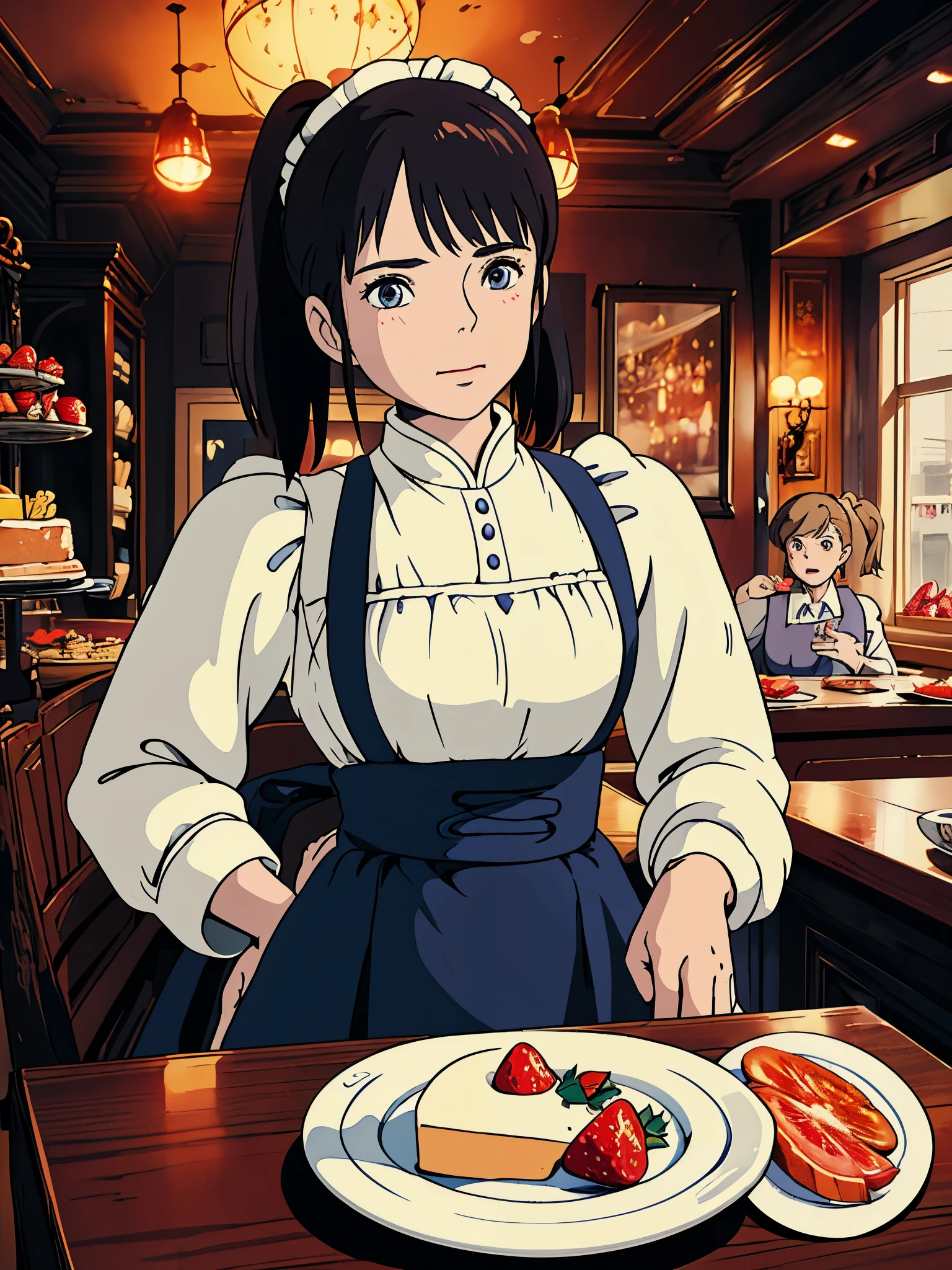 Foto promocional, the place is a coffee shop, 1 garota, Cara de 16 anos, waitress carrying cake to the table, red twin tails, Rosto gentil, gothic lolita half costume and maid costume with image of strawberries, roupas baseadas em branco,