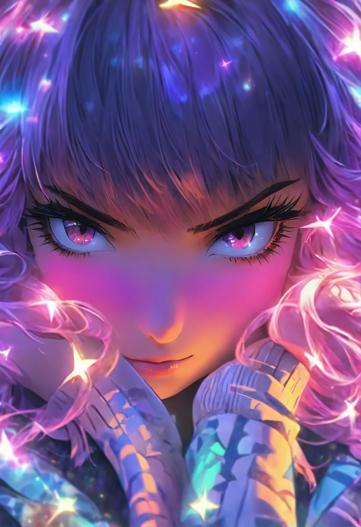 ((custom-eye-mask)), ((patterned mask)), ((patterned eye mask)), string hair ribbon, purple hair, ((realistic)), ((photorealisim)), ((photorealistic)), ((cosplay)), ((real life)), 1girl, solo, closed eyes, black hair, multicolored hair, blush, fur trim, fur-trimmed coat, smile, coat, purple hair, long hair, ((eye mask)), bangs, closed mouth, bow, flying sweatdrops, white coat, ribbon, bandages, two-tone hair, upper body, white bow, hair ornament