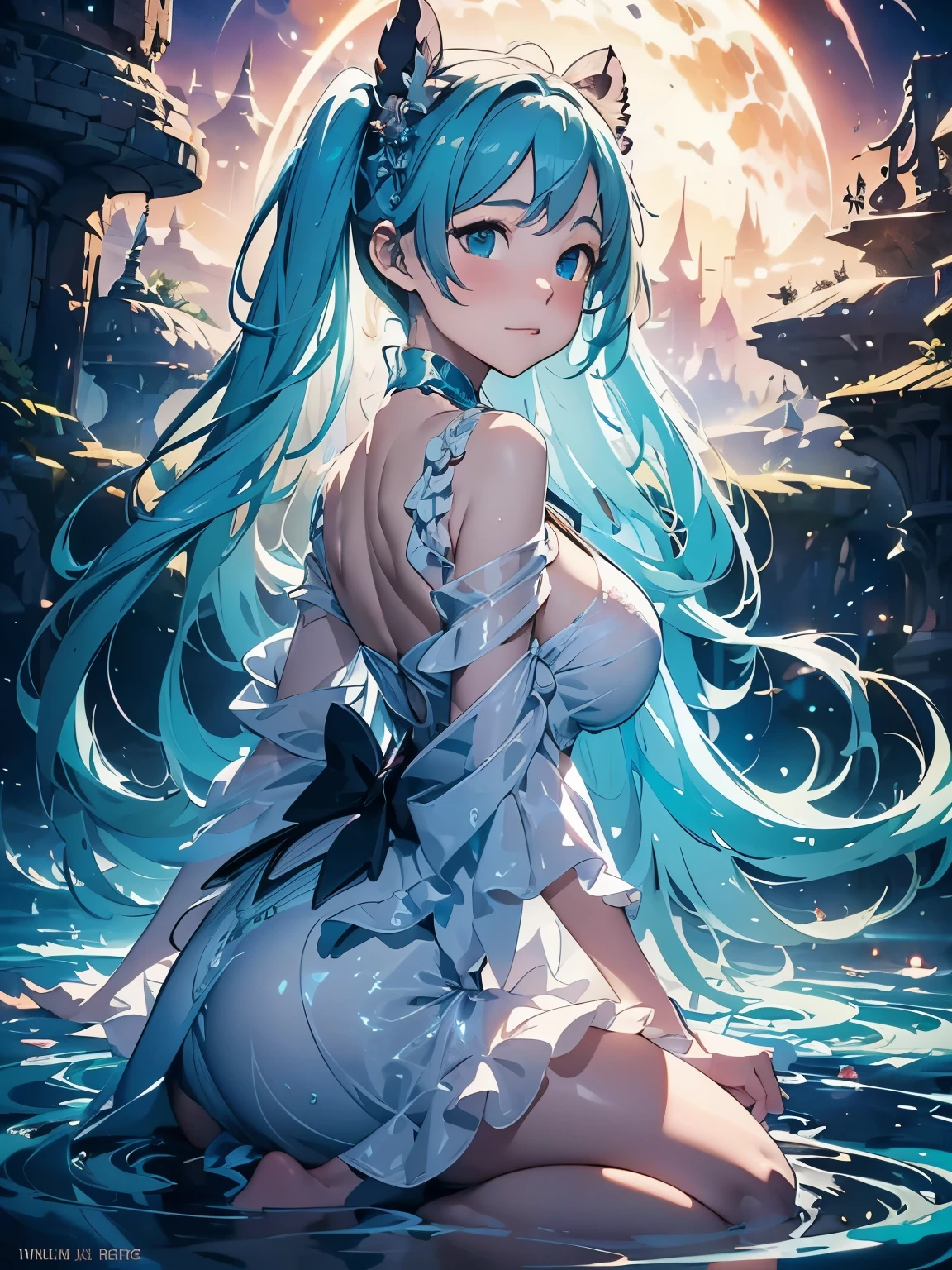 (masterpiece、highest quality、highest quality、Official Art、Beautiful and beautiful:1.2)、(One girl:1.3)Hatsune Miku、Twin tails,Big Breasts,Beautiful anime girl in a flowing, ruffled layered ball gown, inspired Glen Keane, inspired By Lois Van Baarle, (Disney Art Style), By Lois Van Baarle, An aura that glows around her, Glen Keane, Just a joke, Glowing Light! Digital Painting, Flowing, shiny hair, Shiny, flowing hair, Beautiful digital illustrations, Fantasia Background, Whimsical, Magic, Fantasy, Beautiful Face, ((masterpiece, highest quality)), Intricate details, Very detailed, Sharp focus, 8k resolution, Sparkling Eyes, Liquid watercolor, swirling Magic lines of light