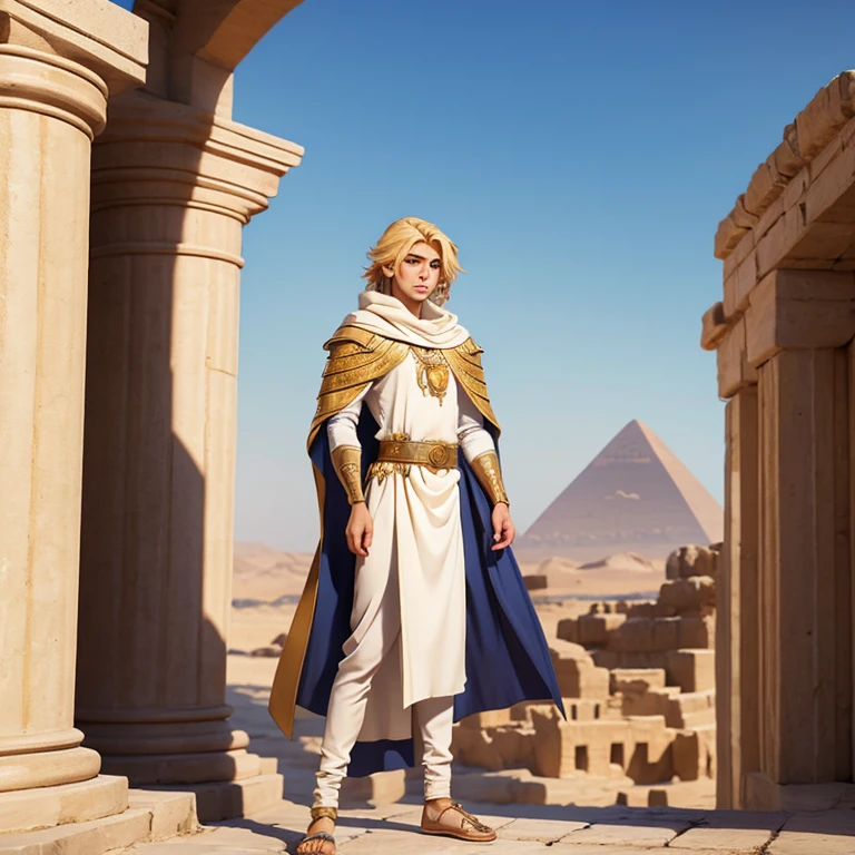 Medieval prince médium blonde hair light eyes dressed in Egyptian clothing with an open cloak enjoying the landscape of the kingdom Full body