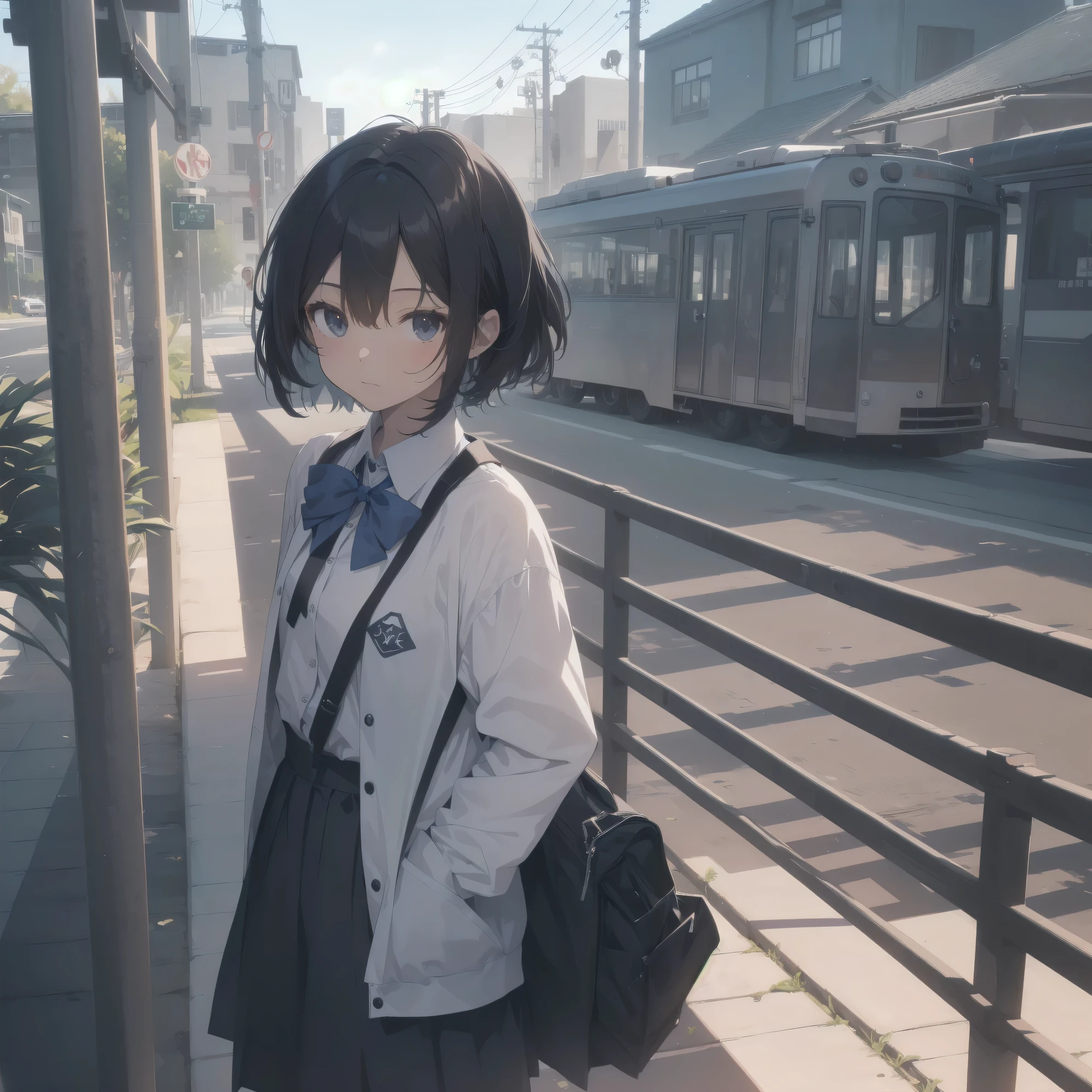 ultra-absurdres-Top quality by artist God, ultra-detailed, high resolution, anime moe artstyle, best anime 8k konachan wallpaper, pixiv contest winner, pool:2810, perfect anatomy,break, 1girl, (Please draw a girl walking sleepily to school alone. )break,(Solo,little female, 13-year-old:1.3),Full limbs, complete fingers,a junior high school student,  (very short hair), short cut, flat chest, , small butt, small black eyes, beautiful detailed eyes, well-proportioned iris and pupils, expressive eyes, highres detailed hair, soft expression, school_uniform, bowtie, collared shirt.  pleated skirt,(Detailed Lighting), (Detailed background), in the School commute route. break,super detailed skin, Best cinematic lighting powered by famous artist, 8k,beauty illustration,photoshop_(medium),very aesthetic,break,((artist:tianliang_duohe_fangdongye )), artist:bolze ,artist:oyari ashito ,artist:kantoku ,