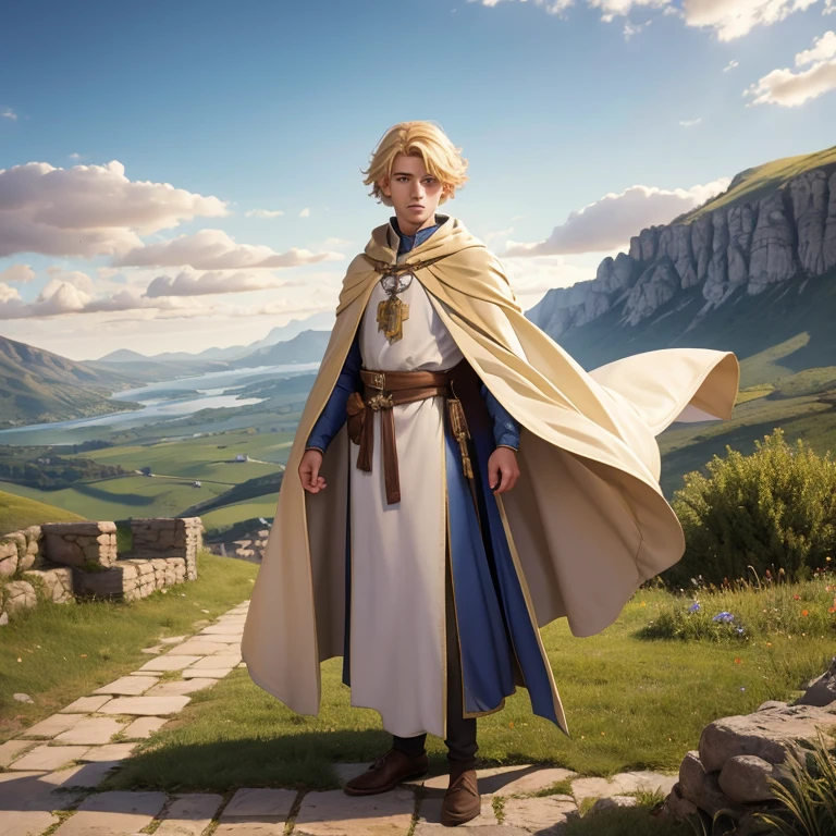 Medieval prince, médium blonde hair, light eyes, dressed in medieval clothes with an open cloak enjoying the landscape of the kingdom Full body