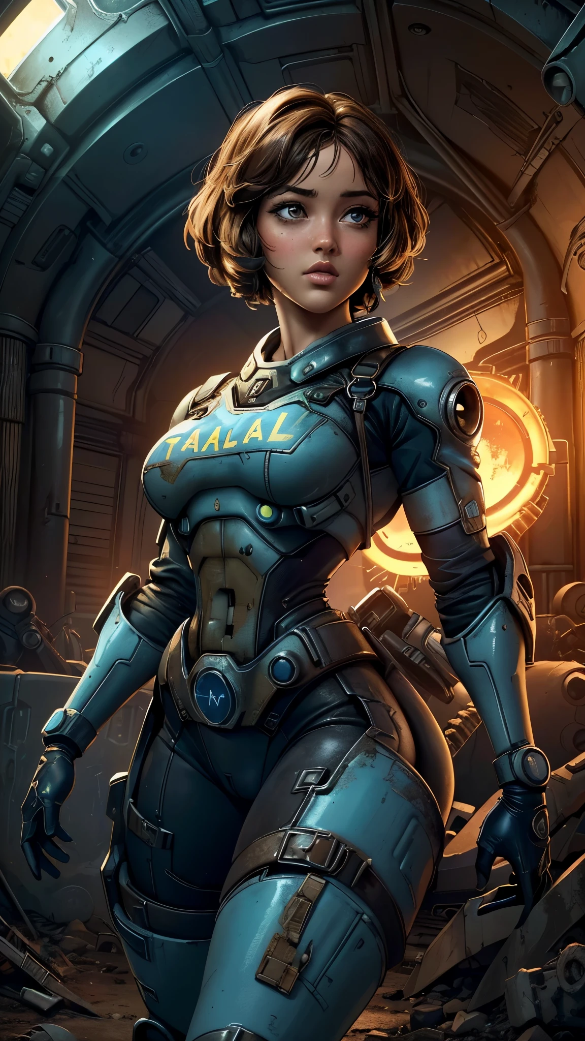 (La mejor calidad,A high resolution,Ultra - detallado,actual),Ella Purnell linda y nerd, pelo negro ondulado atado en una cola de caballo, (wearing a blue vault suit from Fallout 4 with lots of details and slits:1.4 ),(bottom inside a silly atomic shelter :1.4), Cara de alto detalle, Piel de alto detalle, seductive expression, cuerpo perfecto, proporciones perfectas, a nuclear wasteland background with scattered ruins, alta calidad, Obra maestra, foto realista, intrincadamente detallado, 8k, hdr, poca profundidad de campo, luz amplia, alto contraste, Iluminar desde el fondo, Sharp focus, Foto en color crudo, Looking to the camera, cold colors, dynamic poses, (al estilo de Fallout 4:1.4) , (Detalles de la cara: 1.5, (ojos hermosos :1.4) , hermoso rostro, labios delgados: 1.5, Thin, sharp pale eyebrows, Long, dark eyelashes, double tabs),(Ella Purnell:1.4), (Ella Purnell V2.1), (Fallout V2.1), (Obra maestra: 1.4), (8K, realista, foto cruda, La mejor calidad: 1.4),(Cinematic V2.1), manos perfectas: 1.5,( dynamic pose) 