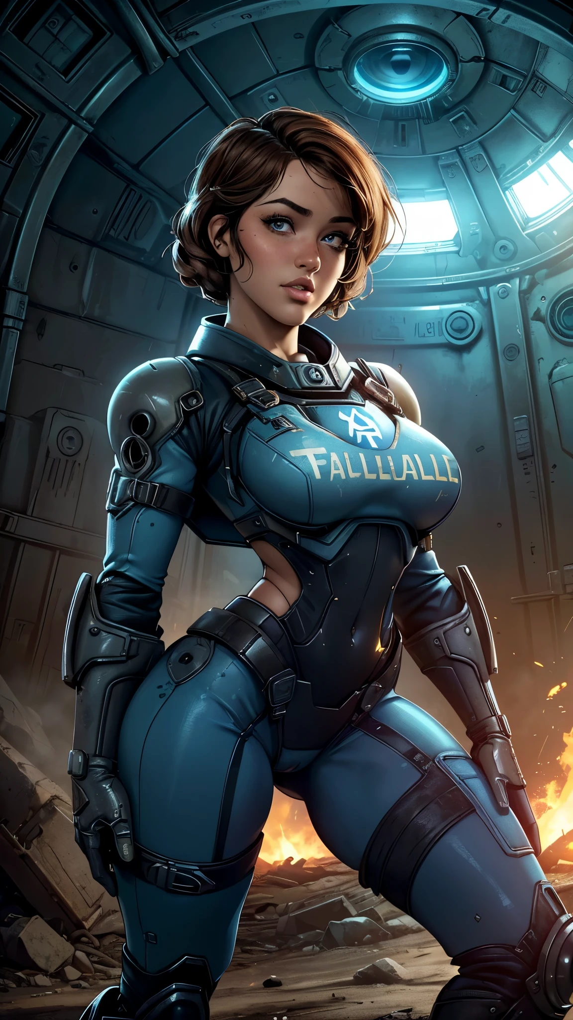 (La mejor calidad,A high resolution,Ultra - detallado,actual),Ella Purnell linda y nerd, pelo negro ondulado atado en una cola de caballo, (wearing a blue vault suit from Fallout 4 with lots of details and slits:1.4 ),(bottom inside a silly atomic shelter :1.4), Cara de alto detalle, Piel de alto detalle, seductive expression, cuerpo perfecto, proporciones perfectas, a nuclear wasteland background with scattered ruins, alta calidad, Obra maestra, foto realista, intrincadamente detallado, 8k, hdr, poca profundidad de campo, luz amplia, alto contraste, Iluminar desde el fondo, Sharp focus, Foto en color crudo, Looking to the camera, cold colors, dynamic poses, (al estilo de Fallout 4:1.4) , (Detalles de la cara: 1.5, (ojos hermosos :1.4) , hermoso rostro, labios delgados: 1.5, Thin, sharp pale eyebrows, Long, dark eyelashes, double tabs),(Ella Purnell:1.4), (Ella Purnell V2.1), (Fallout V2.1), (Obra maestra: 1.4), (8K, realista, foto cruda, La mejor calidad: 1.4),(Cinematic V2.1), manos perfectas: 1.5,( dynamic pose)