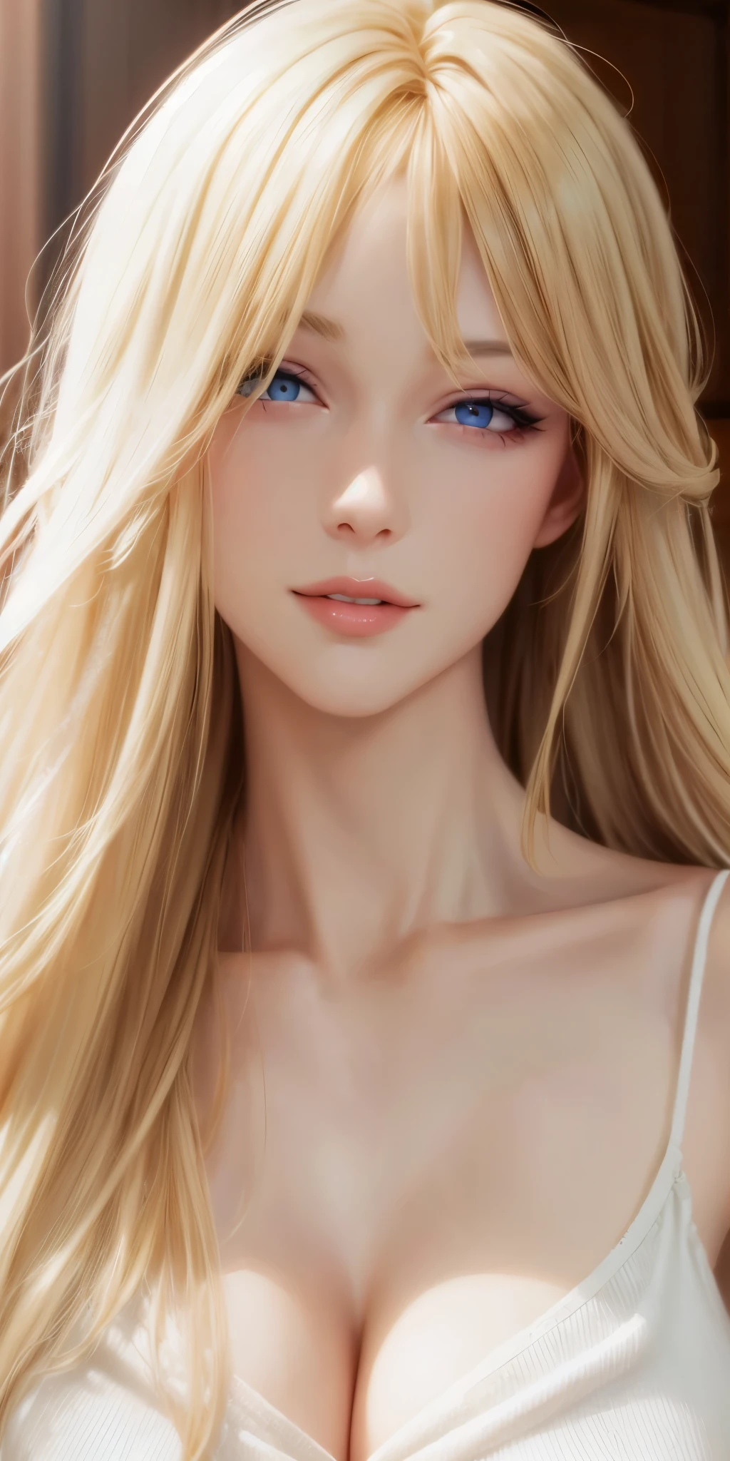 gorgeous adult woman, long neck, long blonde hair, bangs, perfecteyes eyes, casual clothes, cleavage, soft light, high quality, 4k resolution