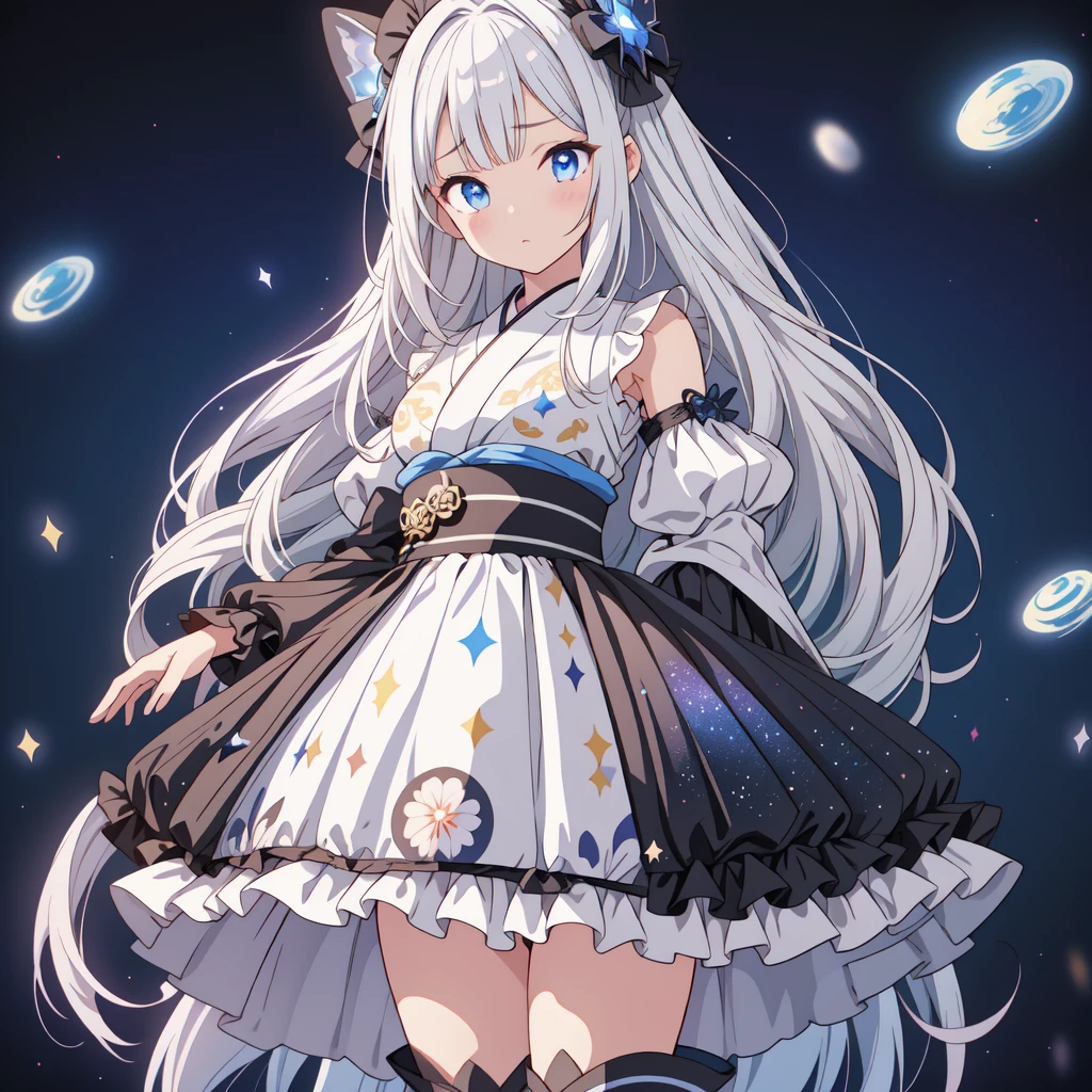 Star Fairy、(masterpiece, best quality), 1girl, 「A beautifully printed galaxy patterned kimono and gothic lolita outfit.、Space pattern box pleated mini skirt with ruffles、Standing in front of the viewer、Knee-high boots、Captivating eyes、Perfect and stunning face、Exquisite details、Clear images、highest quality。」Milky white and blue gradient long straight hair、