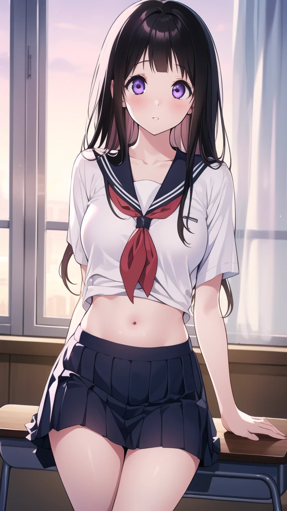 1 girl, japanese, , white skin, medium chest, watching the view, (embarrassed:1.2), 
beautiful detailed eyes, (long hair:1.4, twintails:1.7), (navel:1.1), babyface, 
(e school uniform, short sleeves, pleated skirt, sailor collar, scarf, extremely sexy, white panties, thong, crotch, seductive thighs, camel toe)), 
day time, schools, (homeroom:1.5), ((standing, skirt lift by myself))
(8k, maximum quality, masterpiece:1.2​, extremely detailed), (realstic), illustration, cinematic lighting,