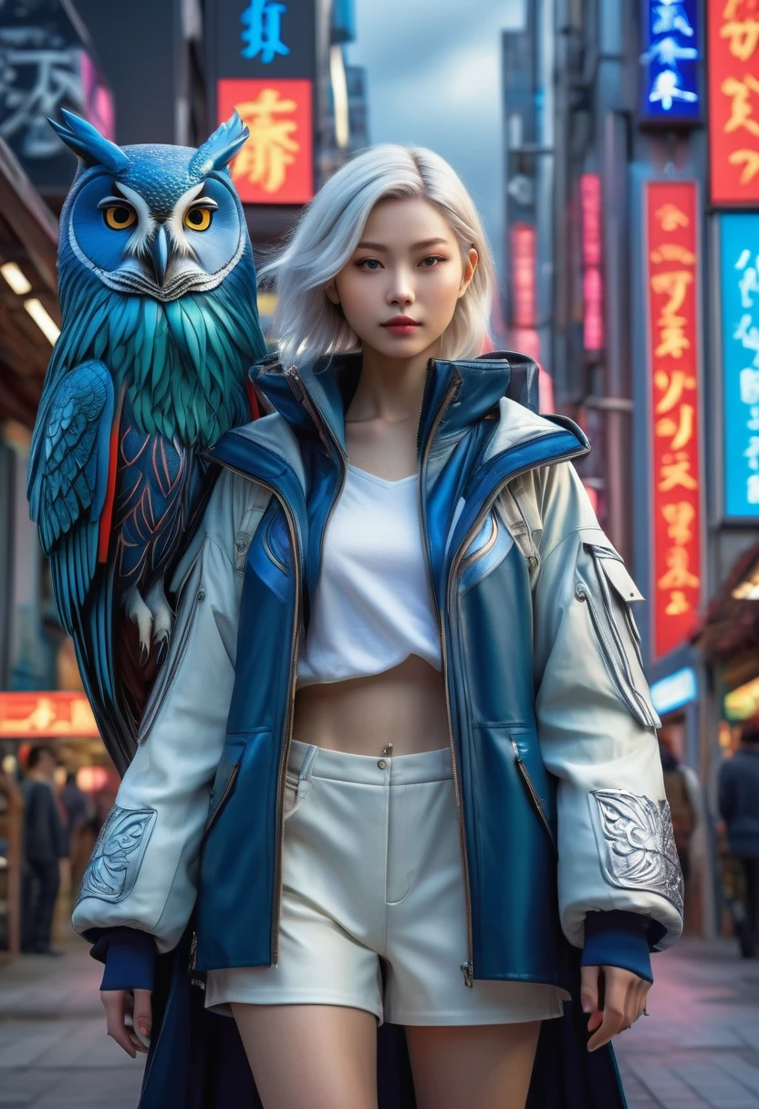 (best quality,4k,highres),(realistic,photorealistic:1.37),(Yoshitaka Amano style:1.1),SFW,(safe for work), A nordic woman and her guardian familiar, mystical creature,otherworldly creature,enchanting companions,wearing stylish futuristic clothes,inspired by Phantasy Star Online, dynamic poses, (The woman, with her eyes brightly colored, no makeup and her nordic facial features elegantly detailed, adding to her allure. Dressed in elegant casual clothes with a stylish futuristic jacket.), (She is accompanied by a guardian, an owl bear mixed creature with exquisite anatomical features, and four eyes. The creature's presence adds a sense of wonder and magic to the scene.), (The woman and her companion stand in a vibrant and bustling city, a modern metropolis with bustling streets, and vibrant signs. The colors are vibrant, with a mixture of dark blues, olive, and pale reds creating a dreamlike atmosphere.), (The lighting is soft but illuminating, casting a gentle glow on both the woman and the creature.), (The overall composition has a realistic and photorealistic quality, capturing the essence of the scene in intricate detail.), (The art style is inspired by Yoshitaka Amano, known for his ethereal and otherworldly illustrations. The combination of realistic elements with the artist's unique style creates a captivating and visually stunning image.),greg rutkowski