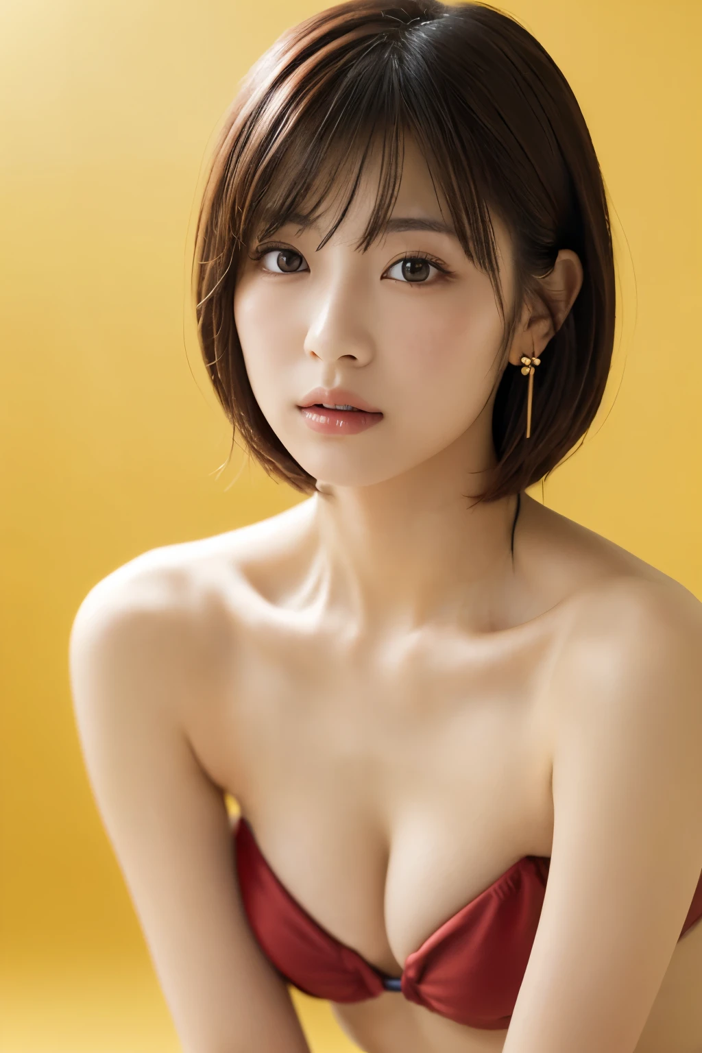 1 girl, (strapless micro bikini:1.2), Beautiful Japanese actresses, Solid yellow background、Shooting from the front、
Photogenic, Yukihime, Long eyelashes, Snowflake Earrings,
(RAW Photos, highest quality), (reality, Realistic:1.4), (Pieces fly), 
Beautiful fine details, Beautiful lip detail, Highly detailed eyes and face, 
BREAK is perfect anatomy, The whole body is thin, (Small breasts:1.3), (Red Short Hair:1.3), Angel&#39;Smile, 
Crystal skin, wake up, Capture the light