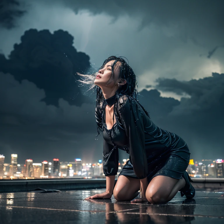 (highest quality、4K、High resolution)、Portrait、Beautifully detailed eyes、Perfectly shaped nose、Full and seductive lips、Shiny wet hair、A visually striking face、Ideal Body Proportions、Feminine and primitive lace dress、Stand on a rooftop and look out over the city skyline、Tall modern skyscrapers、There was a strong wind blowing.、(Heavy rain is pouring down from the dark clouds:1.6)、Dramatic lightning lit up the sky、My wet clothes were sticking to my body、Kneeling gracefully and confidently on the rooftop、Dresses fluttering in the wind、Eyes staring straight into the camera lens、It creates a fascinating and powerful connection.