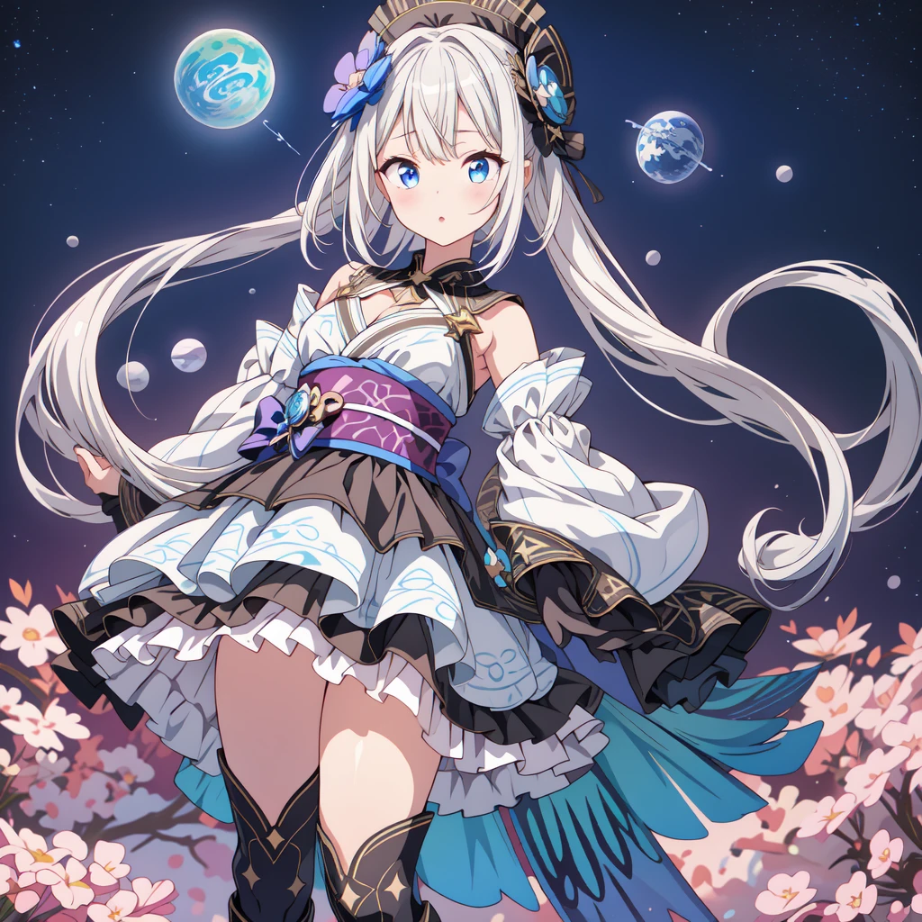 Star Fairy、(masterpiece, best quality), 1girl, 「A beautifully printed galaxy patterned kimono and gothic ta outfit.、Space pattern box pleated mini skirt with ruffles、Standing in front of the viewer、Knee-high boots、Captivating eyes、Perfect and stunning face、Exquisite details、Clear images、highest quality。」Milky white and blue gradient long straight hair、