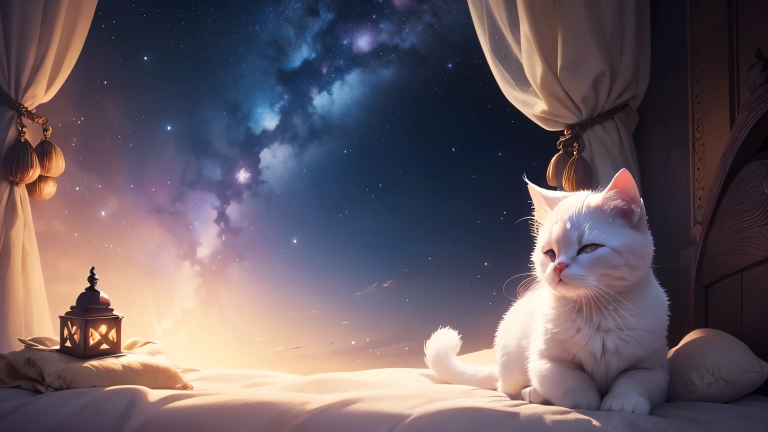 An enchanting world like in a fairy tale, where the sky is full of stars. In this magical land, there is a cute and charming kitten, named Mihalton (Mihan). The night sky is like a gorgeous canvas, the stars shine softly, all reflected in the smoothness of Mihalton's white fur. The cartoon cat is sleepy, its mind full of dreams. It is pondering the adventures and wonders that await it in its dream world.