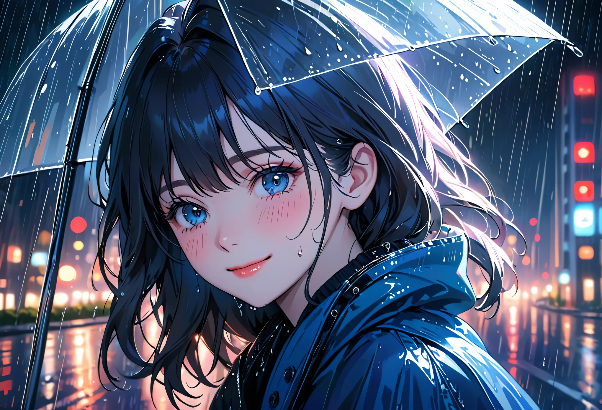 One girl,City of night,rain,coat,Put your hands in your pockets,best quality, highres, ultra-detailed, realistic:1.37, Close to cold colors,reduce saturation, portrait, soft lighting, long eyelashes, sparkling eyes, glossy lips, detailed skin, retro pattern, pastel colors, ((smile while crying1.2)), ((shedding tears:2.0),, ((sad look:1.8)),, dreamy atmosphere, elegant pose, nostalgic vibes, glittering highlights, flawless complexion, 80s style fashion, retro hairdo, pink blush, delicate features, diamond-like eyes,((rain squall:2.8)),((intersection))((high rise residential building Dark city silhouette background:2.0))