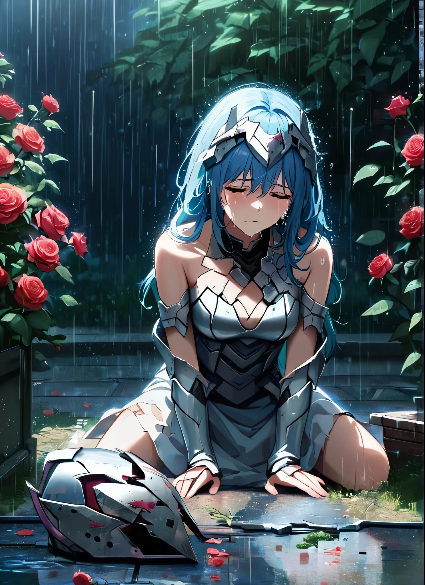three girls, kneeling in the floor, wearing a ultra shattered and ultra broken cute skimpy bright armor, lot of missing pieces, very damaged armor ,ripped clothes, broken helmet ,broken shield and broken sword, in tears, sad, dramatic scene, tears flowing in the face, garden, roses, rain, ultra detailed face