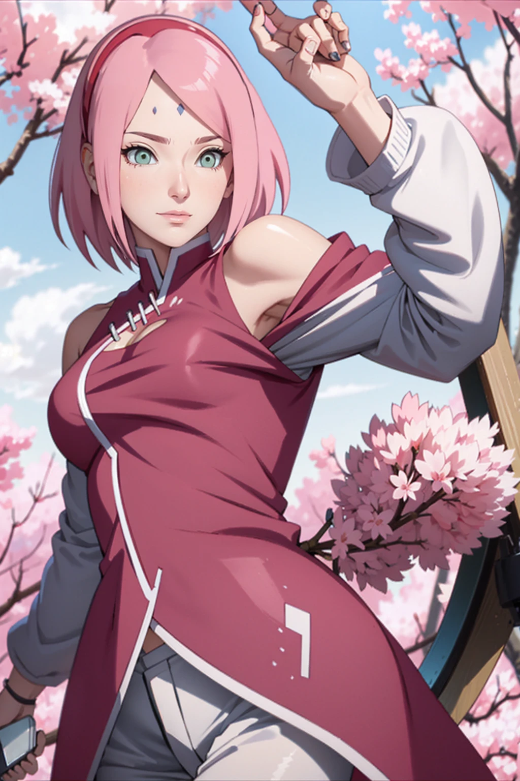 tmasterpiece, Best quality at best, 1girll, Sakura Haruno, Large breasts,Off-the-shoulder attire,(cleavage),(upperbody closeup),Raised sexy,is shy,ssmile,with pink hair,short hair, (Green eyeballs:1.4), Forehead protection, the cherry trees,Cherry blossoms flying,Red clothes,Zipper half, white pant