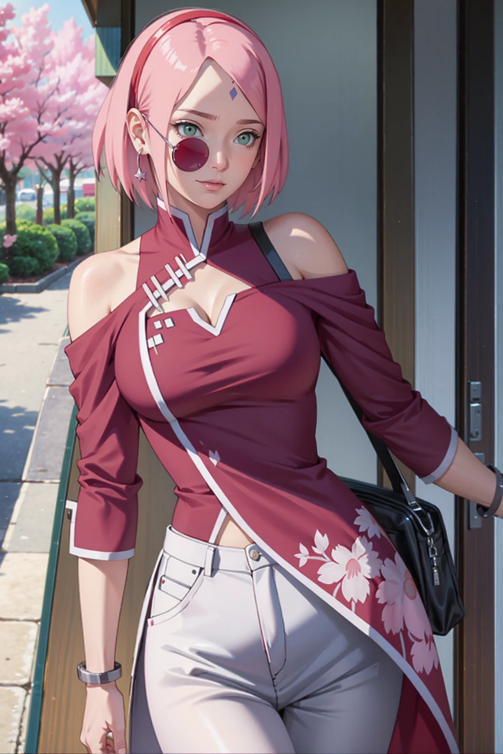 tmasterpiece， Best quality at best， 1girll， Sakura Haruno， Large breasts，Off-the-shoulder attire，（cleavage)，（upperbody closeup)，Raised sexy，is shy，ssmile，with pink hair，short hair， （Green eyeballs:1.4)， Forehead protection， the cherry trees，Cherry blossoms flying，Red clothes，Zipper half, white pant