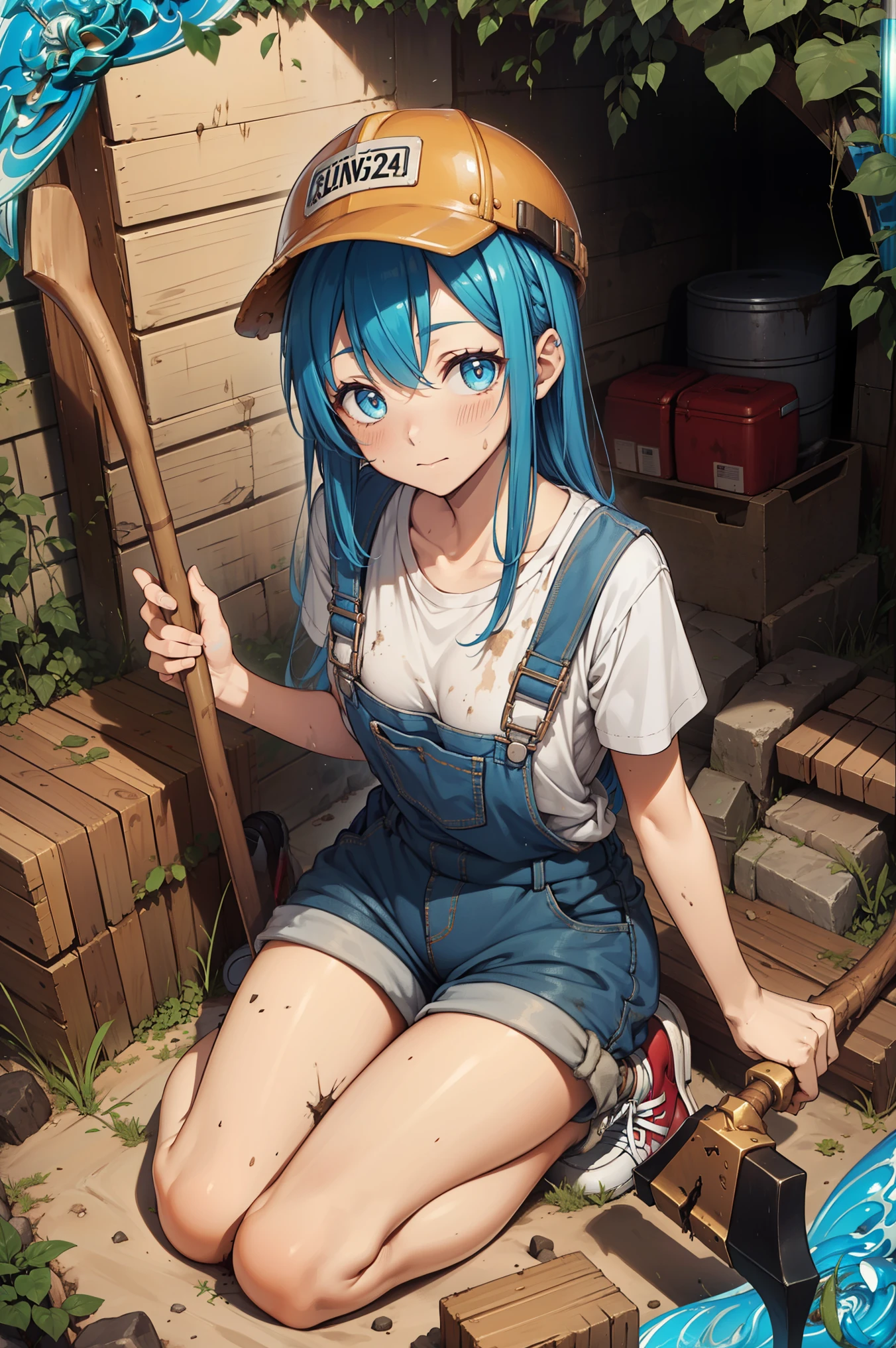(Best quality, A high resolution, Textured skin, High quality, High details, Extremely detailed CG unity), (female) miner in fantasy world, blue hair, medium length hair, wearing hard hat, messy hair, tired looking, exhausted, dirt on face, dirty face, wearing overalls, shorts, wearing sneakers, dirty clothing, woman miner, beautiful, under ground cave, detailed cave scene, pick axe, shovel, dim lighting