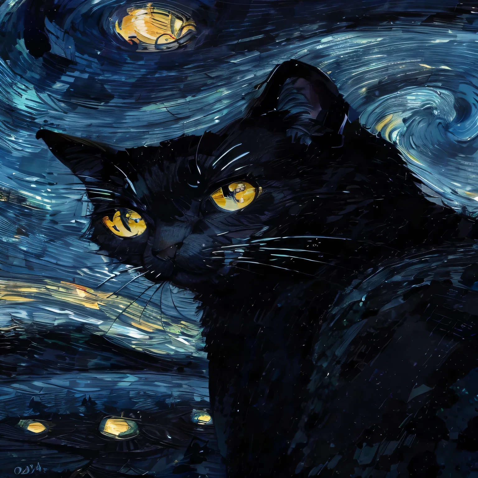 gato amarelo com olhos verdes de perfil com a noite estrelada de van gogh ao fundo