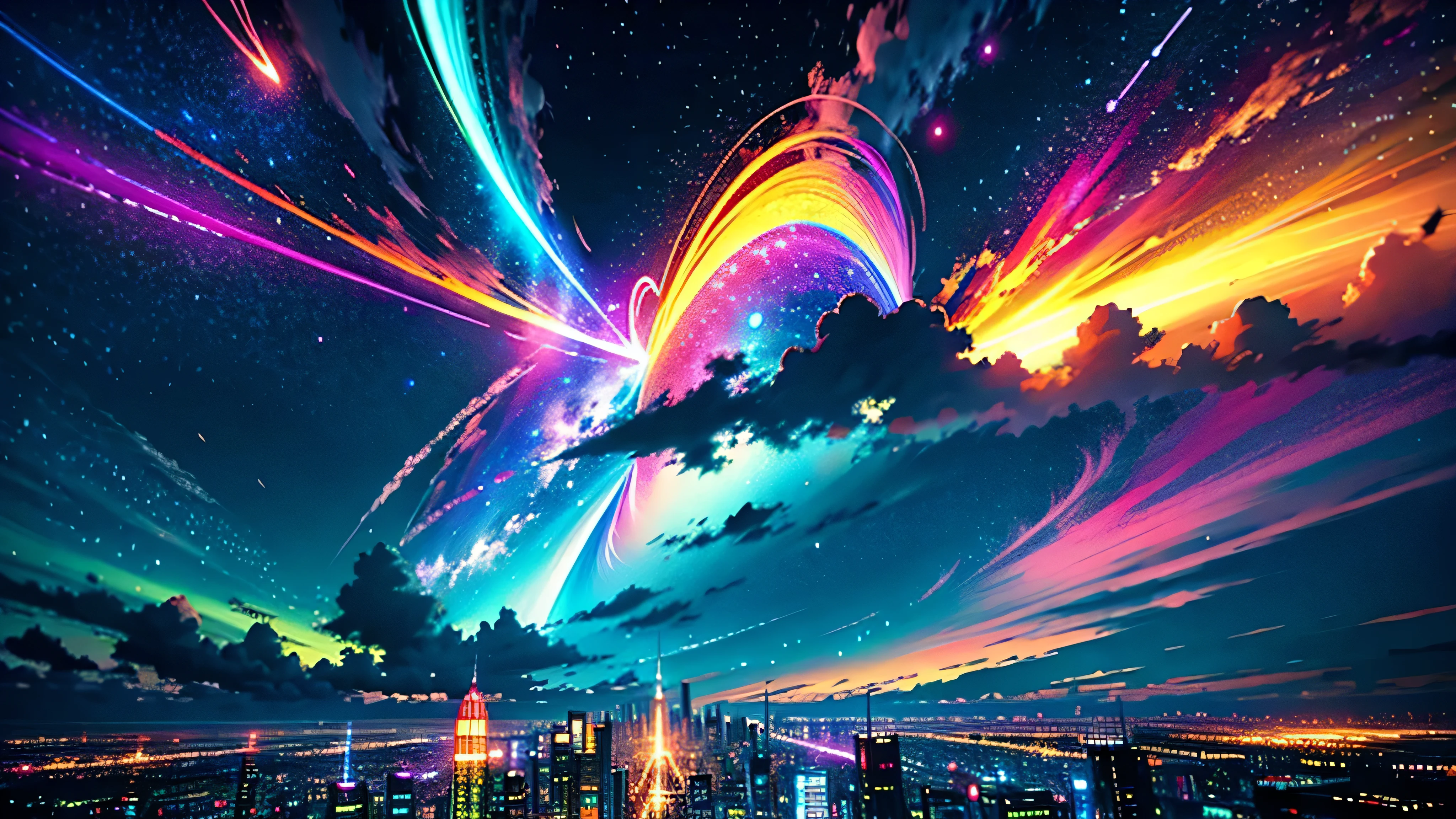 Better Quality, masterpiece, Ultra-high resolution, colorful sky city clouds, neon, Holographic,
