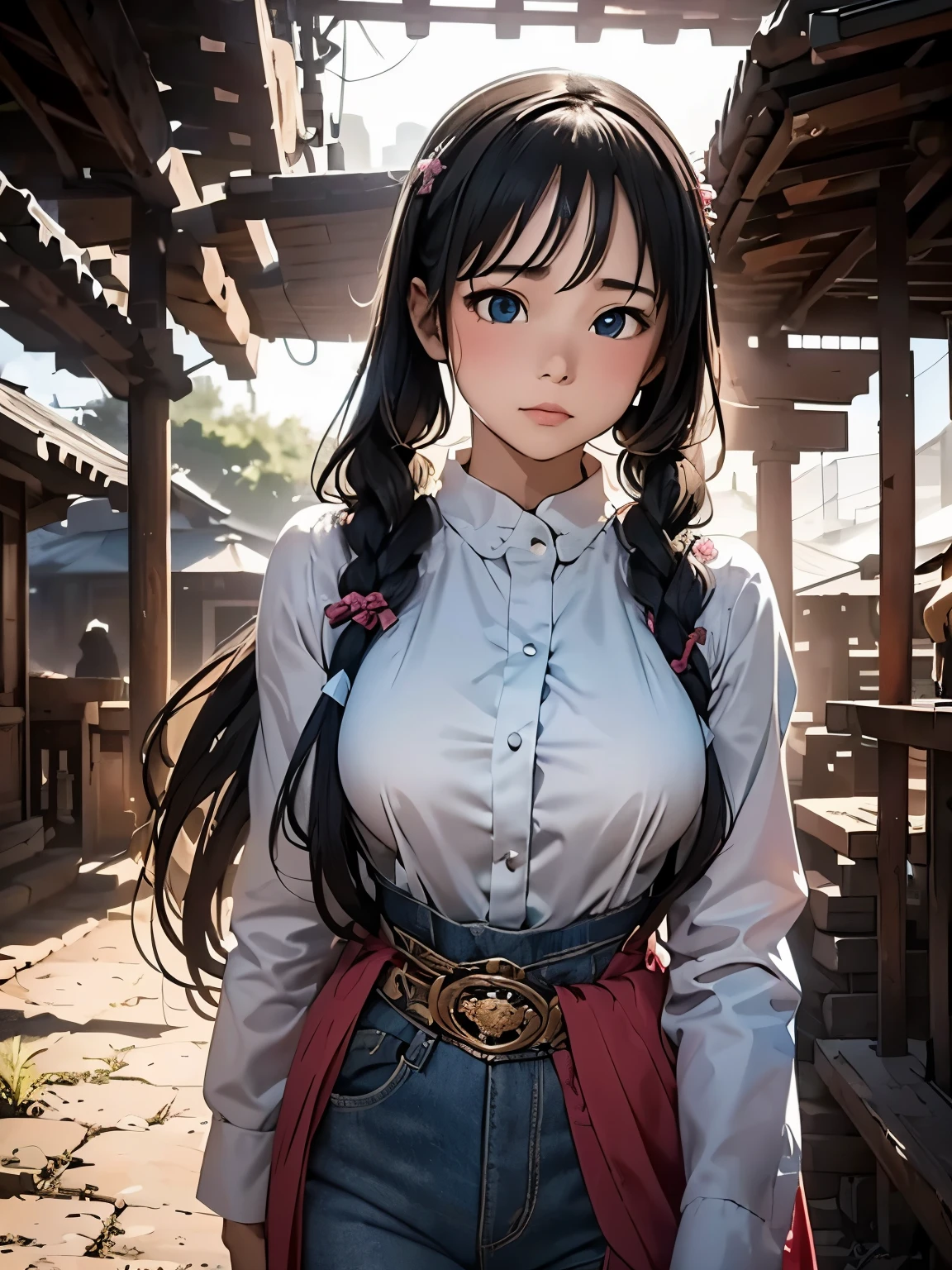 (masterpiece、highest quality、highest quality、Official Art、Beautiful and beautiful:1.2)、(One girl:1.3)Hatsune Miku、Twin tails,Beautiful breasts,Raising the white flag in a rustic setting、A cowboy wearing an Amish-style shirt and oversized pants。Beautiful eyes surrounded by thick eyelashes、Reflects the warmth of the sun。Her gorgeous cream colored hair、Flowing down like soft waves。The cowgirl outfit is made from beautifully detailed fabrics、Stunning costumes and captivating colors decorate the scene.。Amazing neon lights illuminate the background、This contrasts interestingly with the sun..。When my otaku friend stands next to me、Remembering Ben Affleck in the Cyberpunk World.、Highly detailed and beautiful wallpapers are available。HD images now available