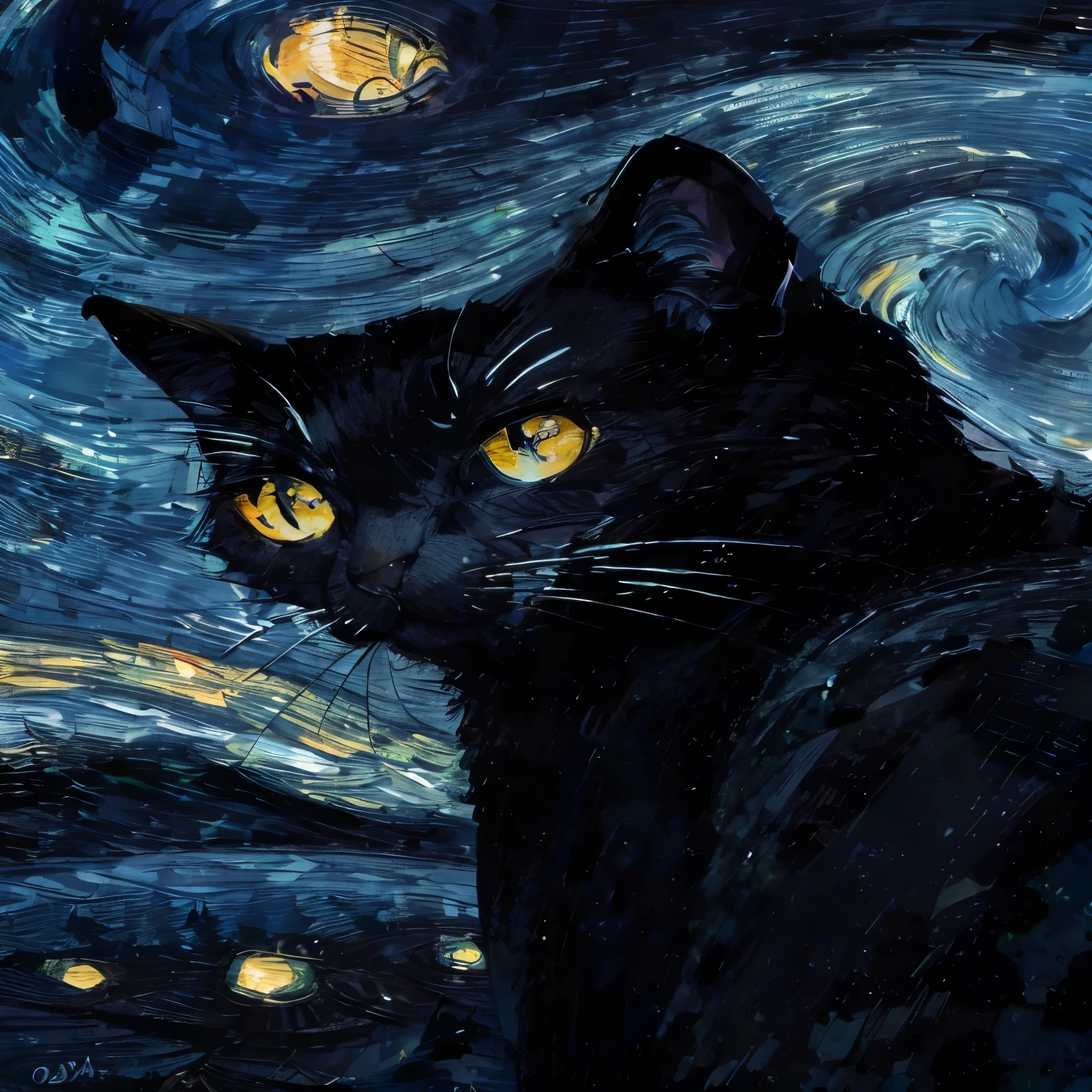 gato amarelo com olhos verdes de perfil com a noite estrelada de van gogh ao fundo