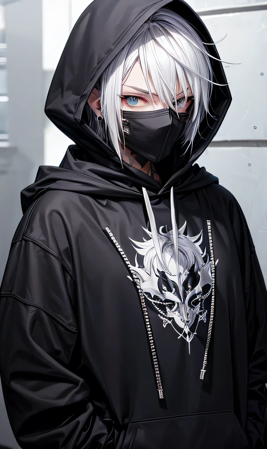 Black hoodie,Wearing a hood,
male,silver hair,Spiky Hair,Visual Kei,Tattoos on the face,