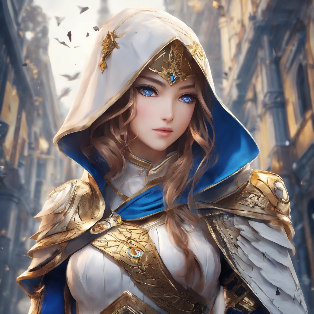 (best quality,8k,highres,masterpiece:1.2),ultra-detailed,realistic,photorealistic:1.37,Zelda princess in a full body shot, chestnut hair, vibrant blue eyes, dressed as an assassin from Assassin's Creed, wearing a white+gold mask and hood with intricate gold details, XL bust, wielding wrist blades. Background: a city during the Renaissance period. Unreal Engine 5, anime, anime style, well-drawn eyes, well-drawn face, extremely detailed eyes and face, 8k, with striking light and shadow effects.