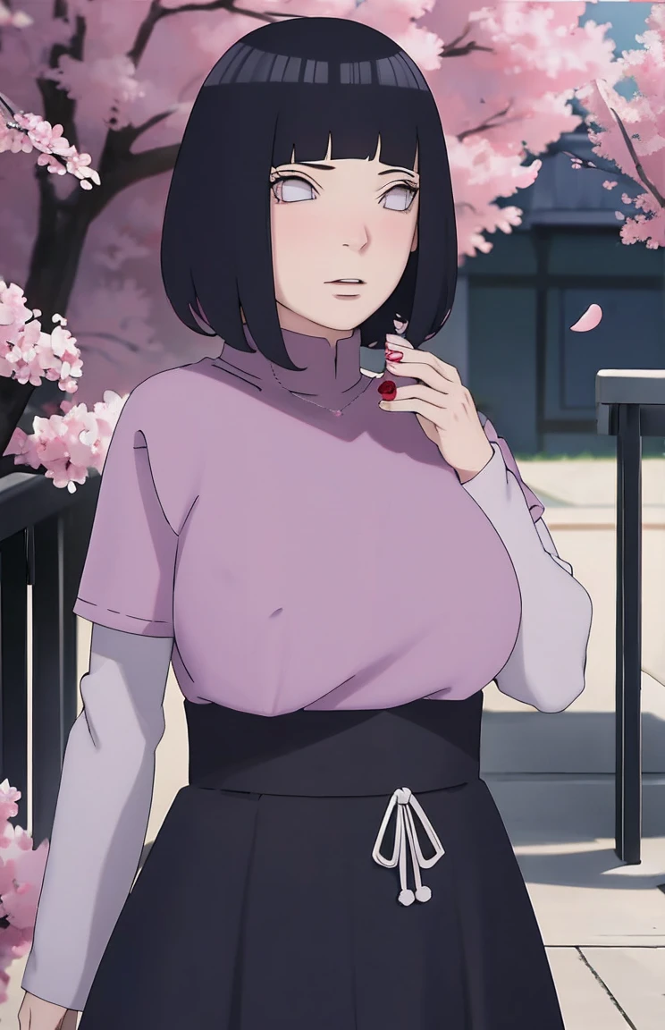 masterpiece, absurdres, hinata\(boruto\), 1girl, solo,mature female, tshirt long sleeve, high waist short skirt, looking at viewer, (falling petals), perfect composition, detailed lips, big breast, beautiful face, body propotion, blush, (pink lips), long hair,  purple eyes,  soft gaze,  super realistic, detailed, photoshoot, realistic face and body, thighhighs, happy, closed mouth