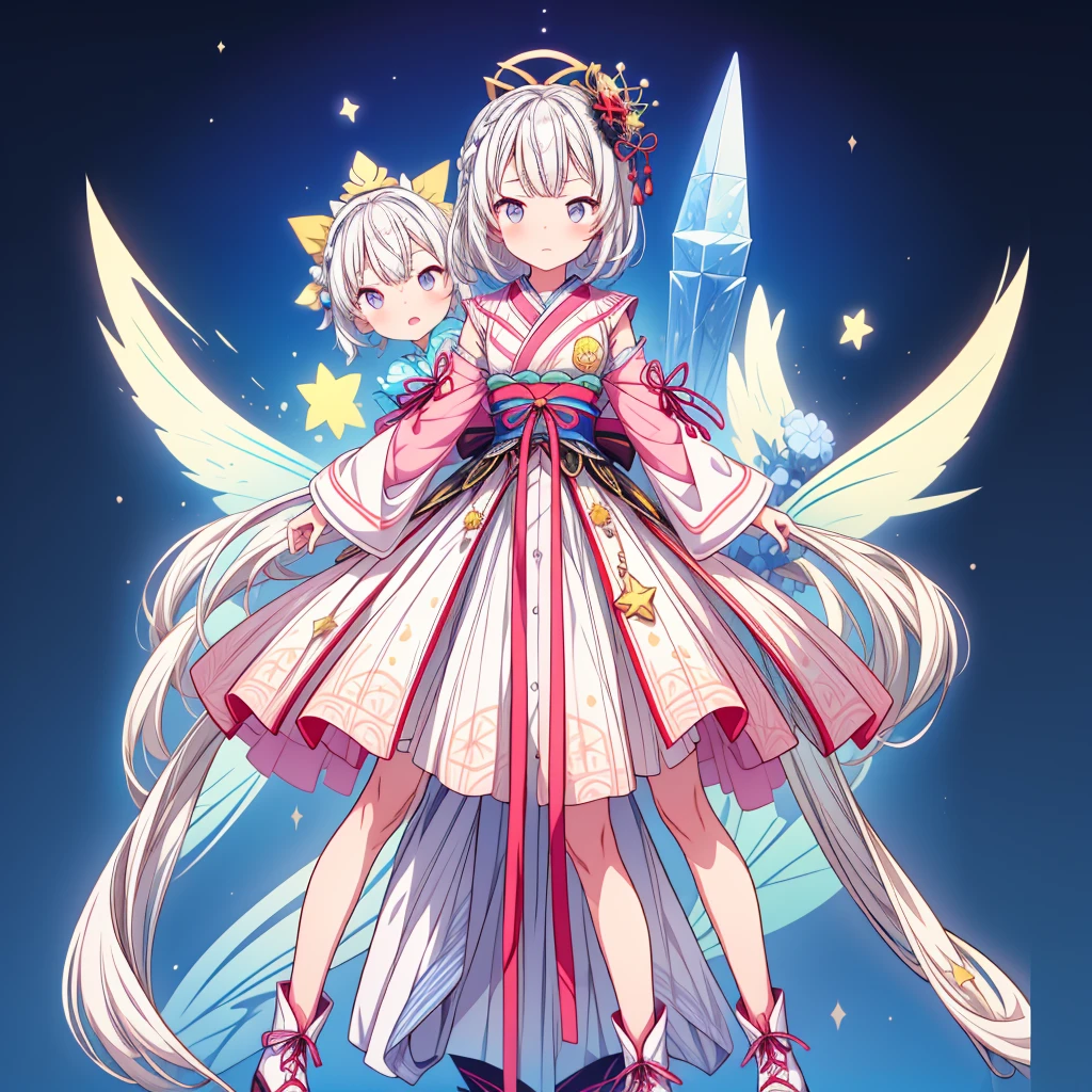 1girl、vtuber-fullbody、Star Fairy、Masterpiece、Official Art、Super detailed、super beautiful、かわいいStar Fairy、White hair straight short hair、Milky Way、universe、star charm、Star、Baby Face、Knee-high boots、Japanese pattern dress、A beautiful girl wearing a black and white outfit made from a remade yukata、universeを思わせるOiranフリルドレス、Oiran、Simple Background、