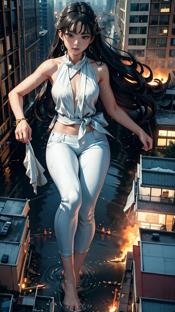 (16k, High resolution, highest quality, masterpiece, 超High resolution), ((Giantess Elements, Typhoon heavy rain)), From above, Perfect dynamic composition:1.2, (Modern city at night, Expressions of sadness:0.7), Highly detailed skin and facial textures:1.2, (Towering Giant Young Woman:1.0, Higher than skyscrapers:1.0, 50,000 feet tall:1.0, Incredibly slim body:1.0), Fair skin, Sexy beauty, Very beautiful face, , Water droplets on the skin, (The rain drips down on my body:0.5, Wet body:0.5, Wet Hair:0.5), (Wet white wide leg jumpsuit:1.0), Shapely breasts, Chest gap, Big eyes that exude beautiful eroticism, Lips that exude beautiful eroticism, necklace, Earrings, bracelet, wedding ring, Shoulder bag, clock, ribbon, Full body portrait, ((Destroy a small city, Burning Small City, rubble, Destroyed small building, Collapsed highway, Evacuated Residents)), (Major impact, Emphasizing the majesty and power of giants, Increase the destructive element, Lower the building, Making cities smaller)