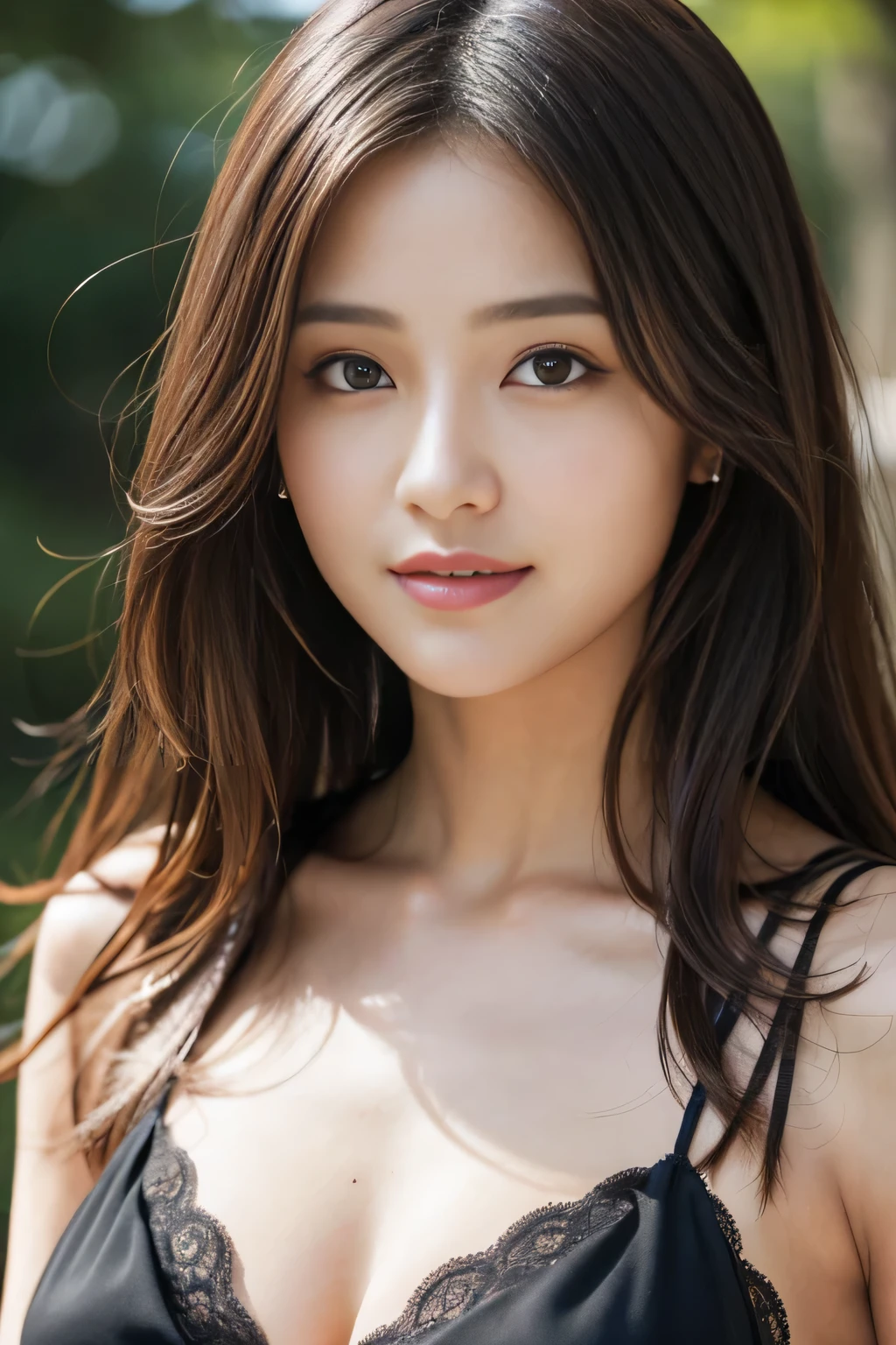 Tabletop, highest quality, Realistic, Very detailed, finely, High resolution, 8k wallpaper, One beautiful woman,, Light brown messy long hair, He is wearing a black see-through open-necked shirt.。...., Sharp focus, Perfect dynamic composition, Beautiful and detailed, Thinning hair, Detailed Realistic skin texture, smile, Close-up portrait, Model Body Type、president'secretary、mini skirt、High heels、whole body、suit