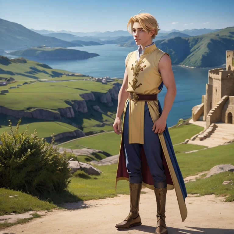 Medieval prince, médium blonde hair, light eyes, dressed in medieval clothes sleeveless enjoying the landscape of the kingdom Full body