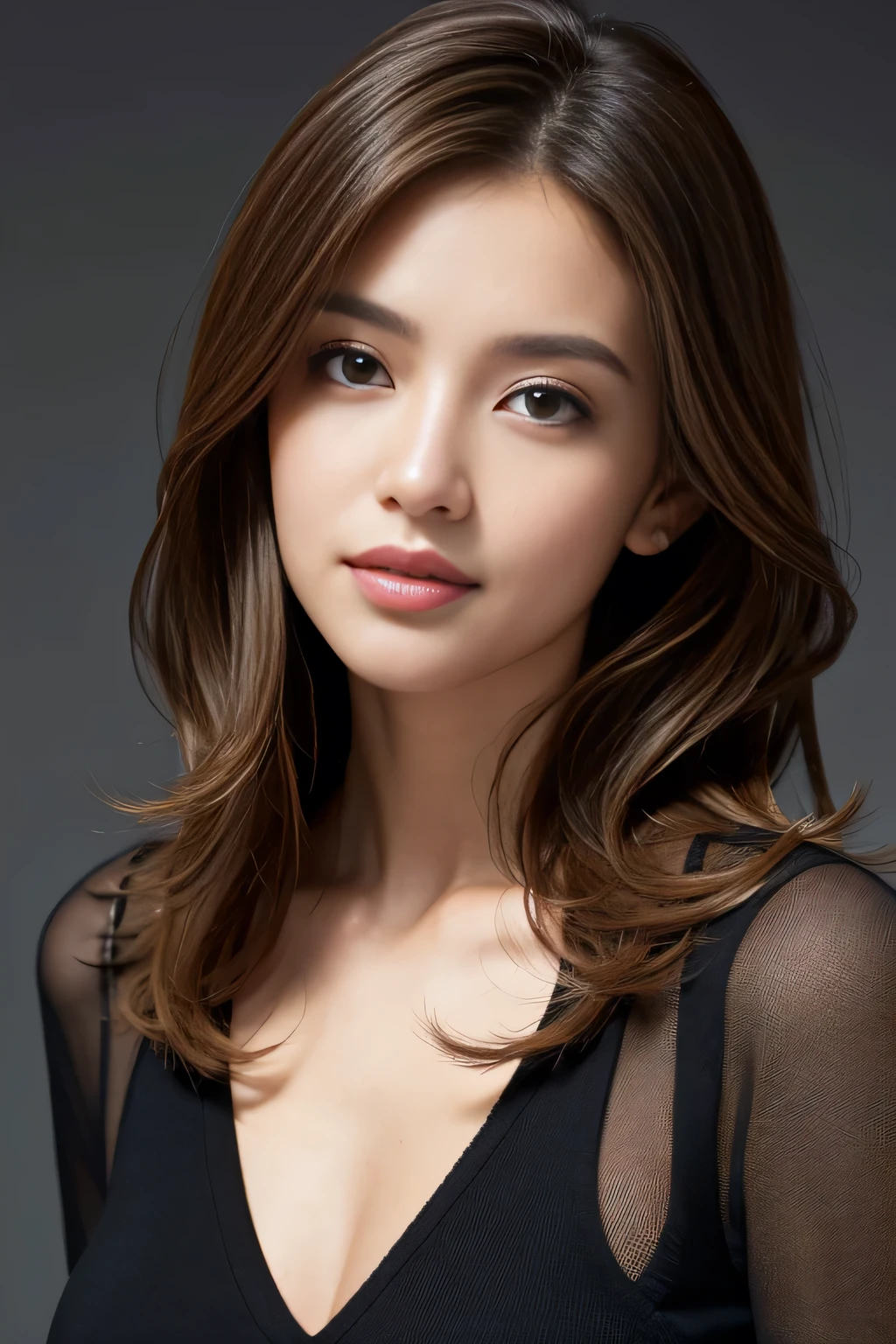 Tabletop, highest quality, Realistic, Very detailed, finely, High resolution, 8k wallpaper, One beautiful woman,, Light brown messy hair, He is wearing a black see-through open-necked shirt.。........, Sharp focus, Perfect dynamic composition, Beautiful and detailed, Thinning hair, Detailed Realistic skin texture, smile, Close-up portrait, Model Body Type、president'secretary、mini skirt、High heels、